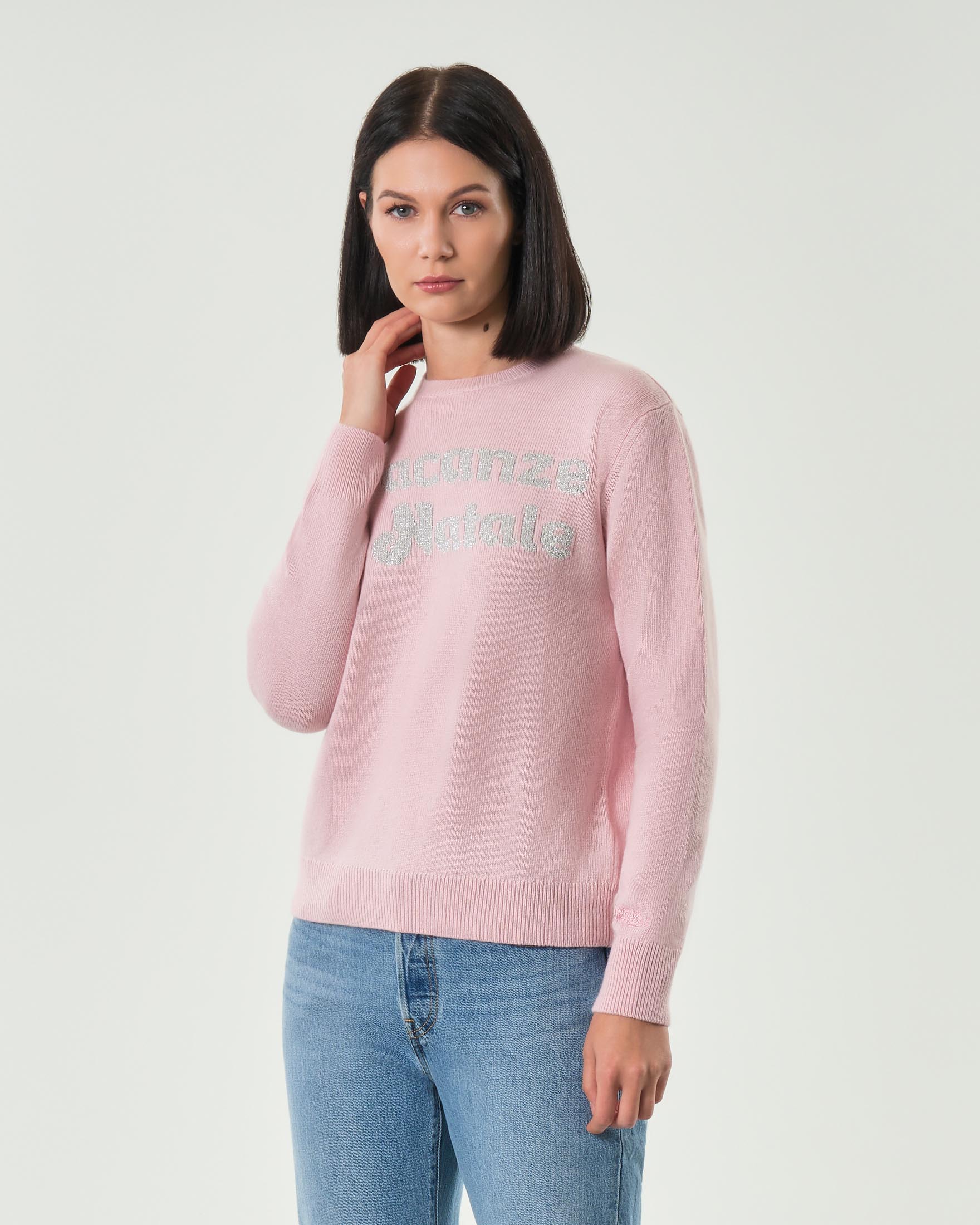 Maglia rosa MC2 Saint Barth Vacanze di Natale special editione con scritta jacquard argento