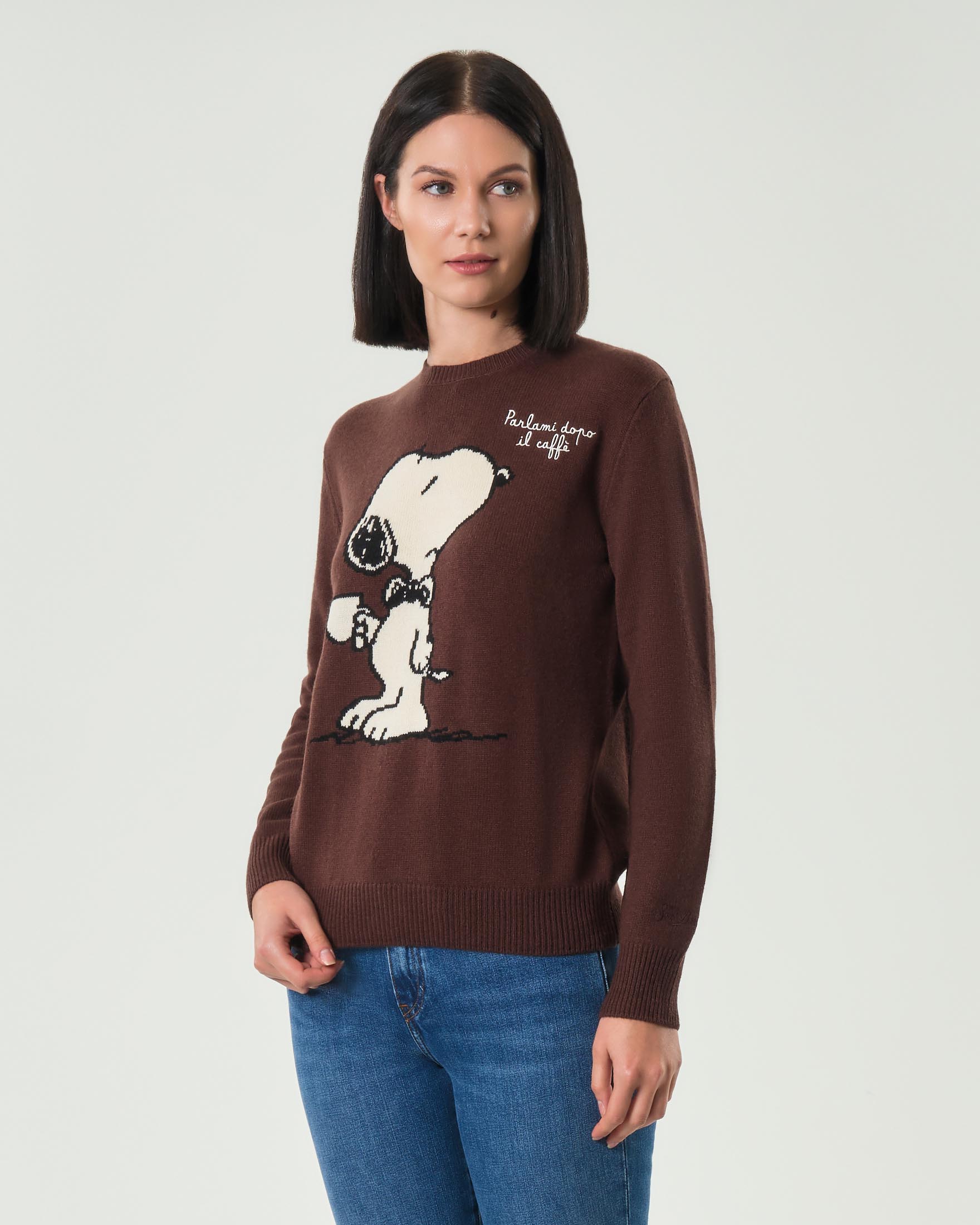 Maglia marrone MC2 Saint Barth in lana e cashmere con Snoopy e scritta Parlami dopo il caffè