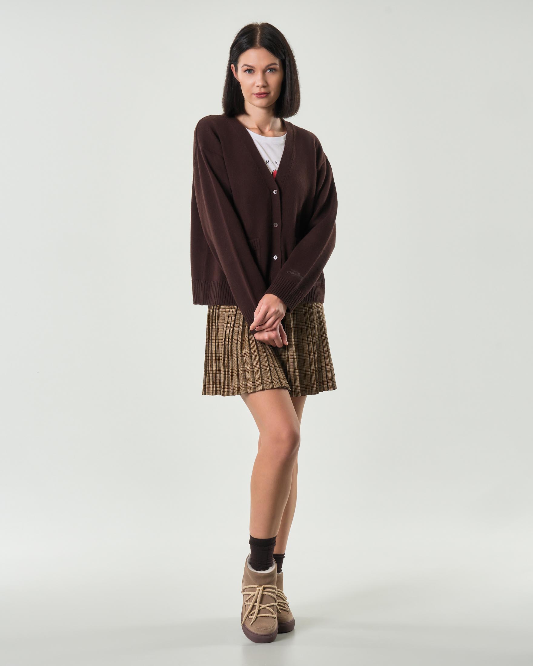 Minigonna a pieghe MC2 Saint Barth a fantasia pied de poule marrone e beige