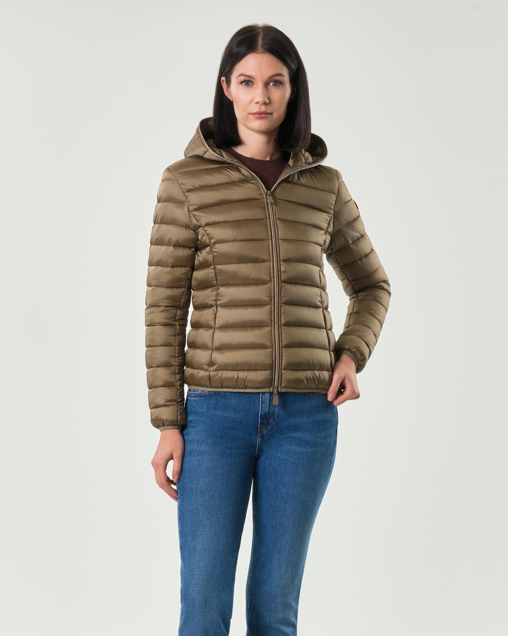 Piumino leggero color khaki Save the duck modello Alexis in tessuto effetto raso con cappuccio fisso