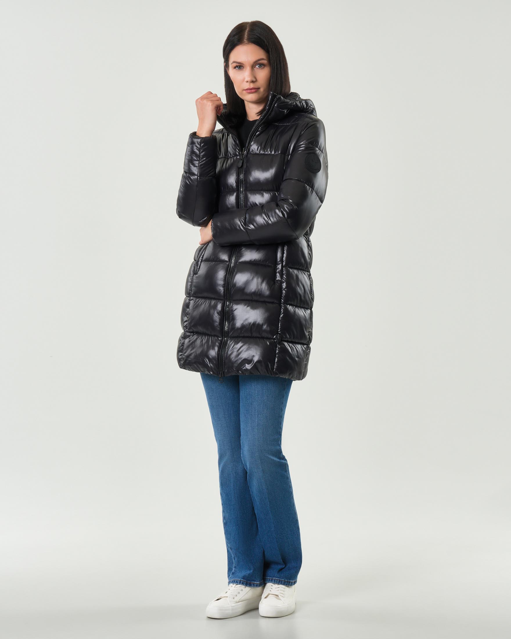 Save the duck — Piumino lunghezza media Save The Duck nero effetto laccato con cappuccio e collo alto