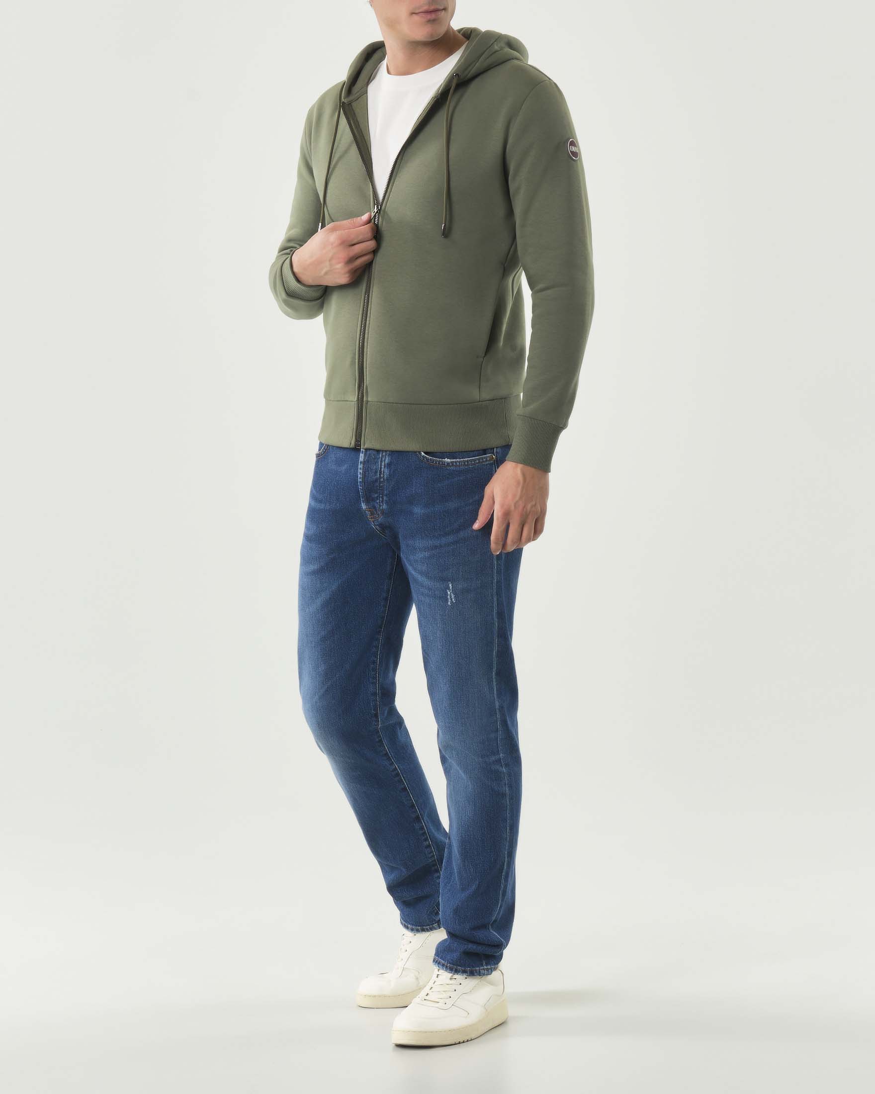 Felpa Originals verde militare con cappuccio chiusura zip e logo bollo applicato sulla manica