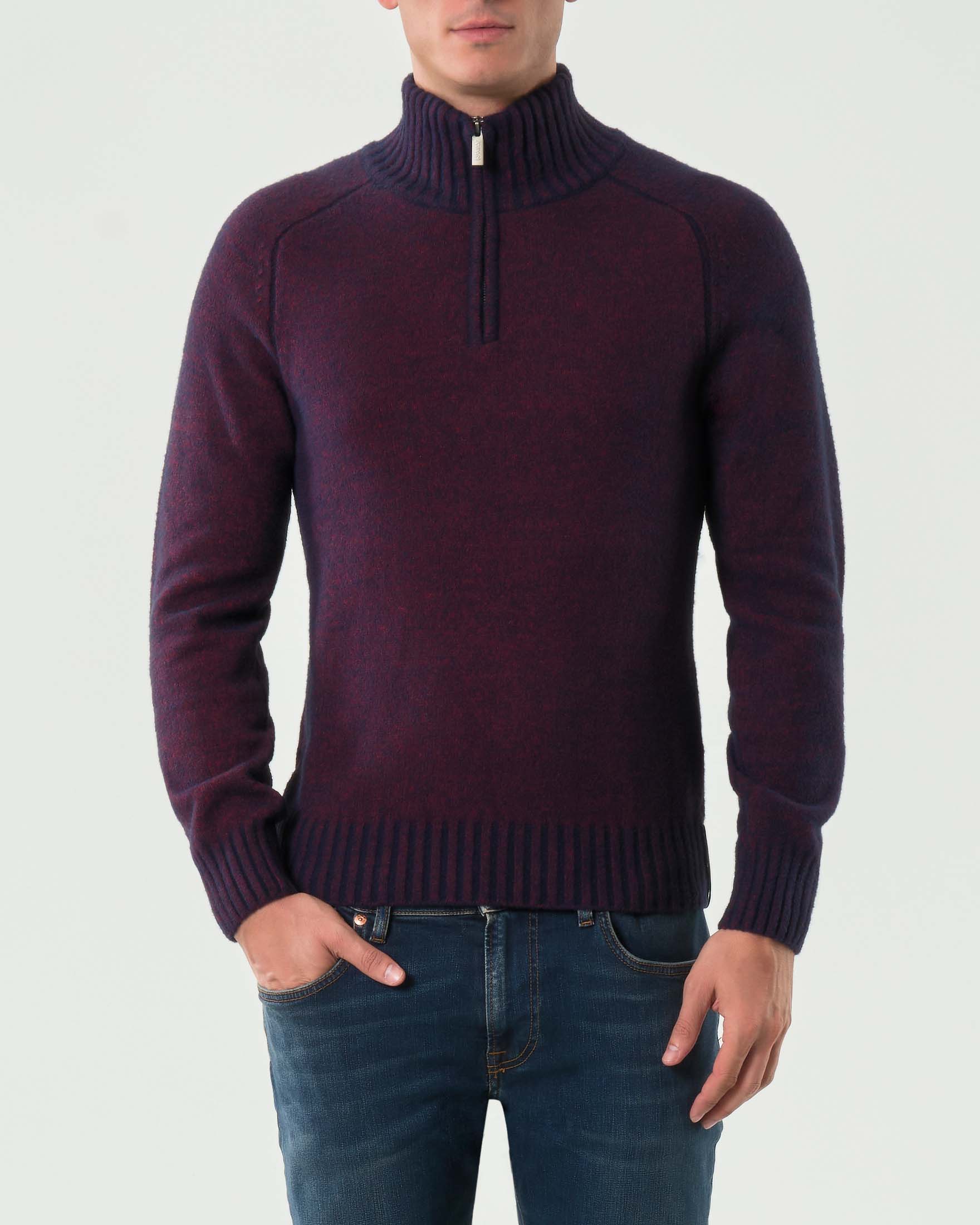 Maglione K-way Sevigny in misto lana merino vanisé bordeaux e blu con apertura a mezza zip