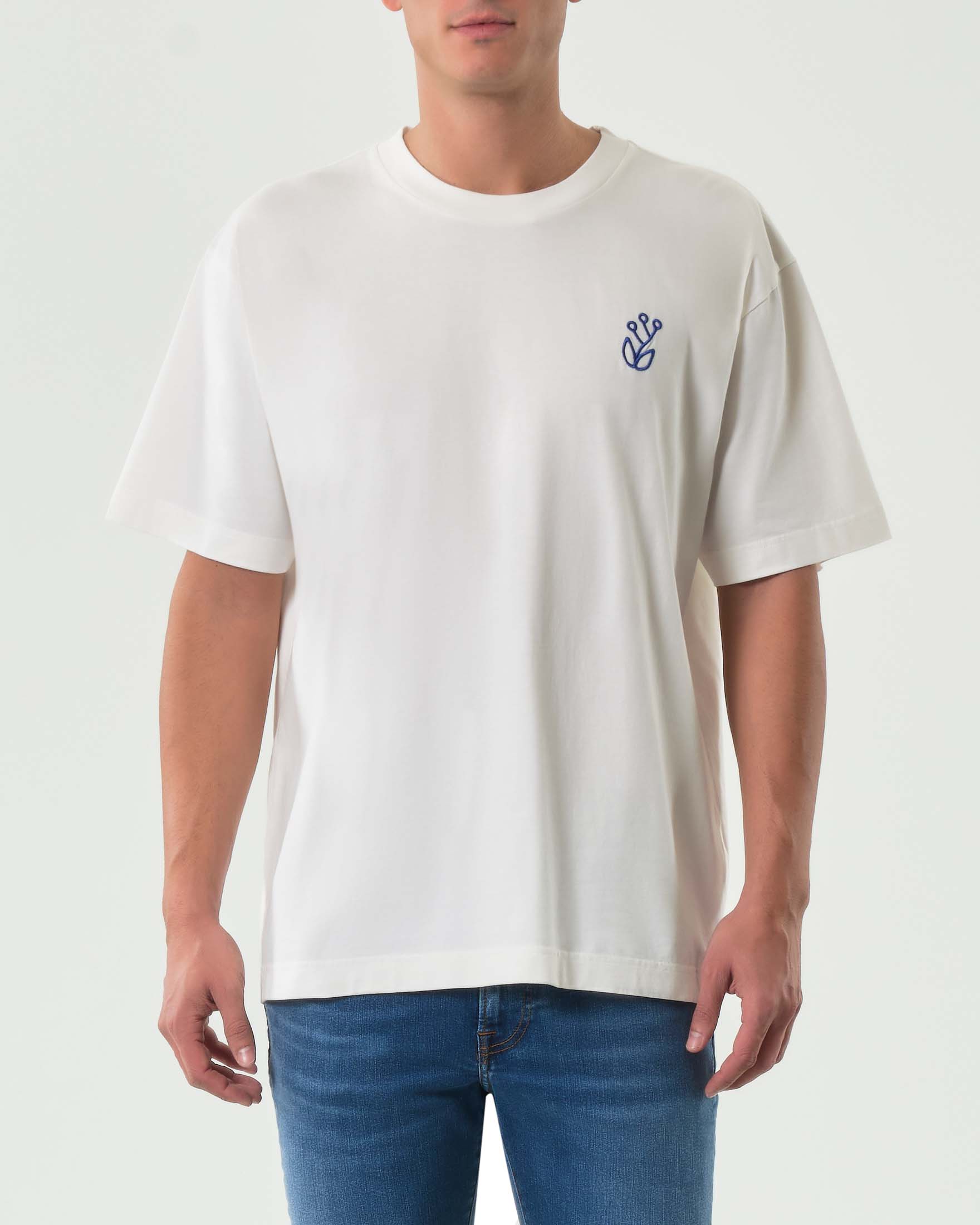 T-shirt mezza manica Olow color panna con ricamo sul petto e maxi stampa sul retro