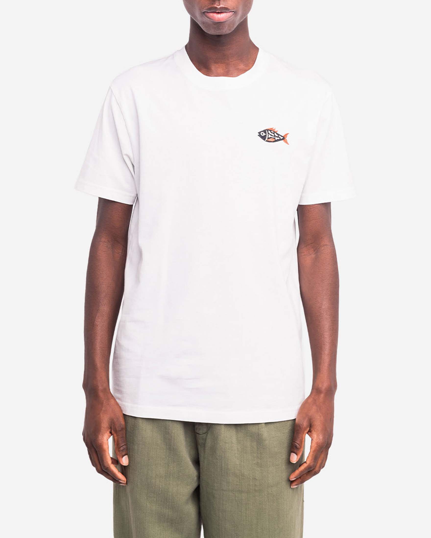 T-shirt mezza manica Olow bianca con ricamo pesci fronte e retro dell'artista Jasper Van Gestel
