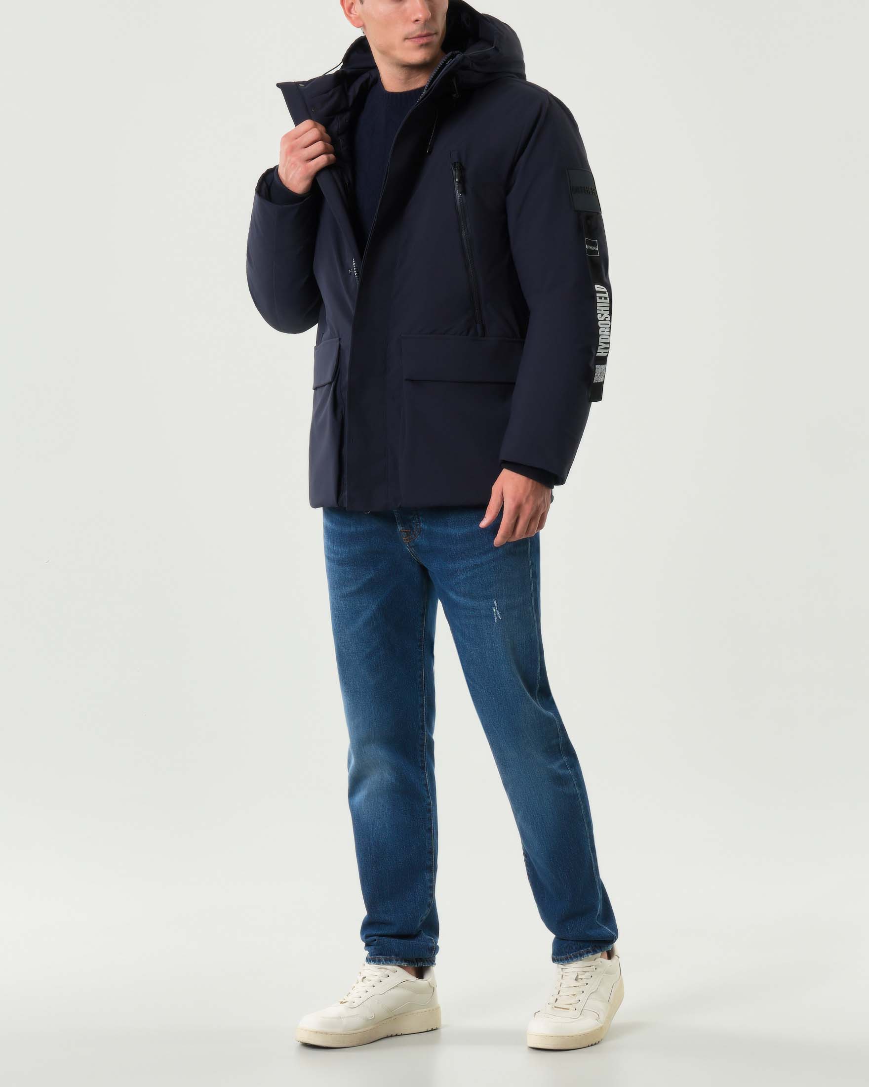 Parka corto blu in nylon liscio opaco con cappuccio