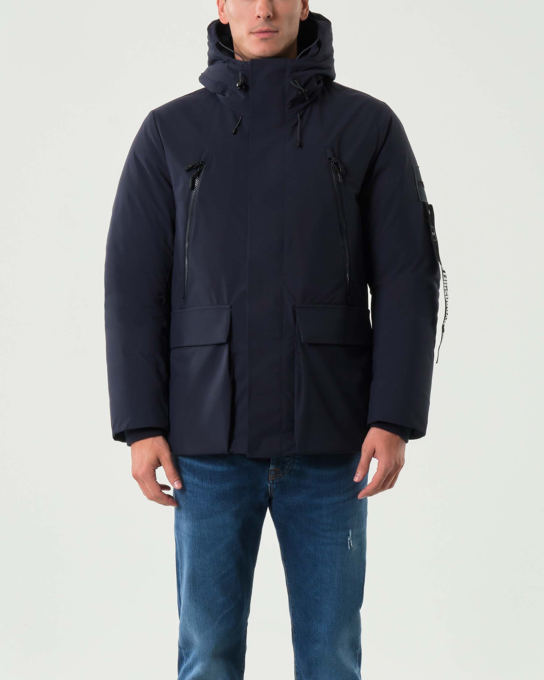 Parka corto Outhere blu in nylon liscio opaco con cappuccio image