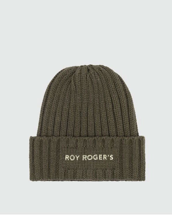 Berretto Roy Roger's verde militare a coste con risvolto e scritta
