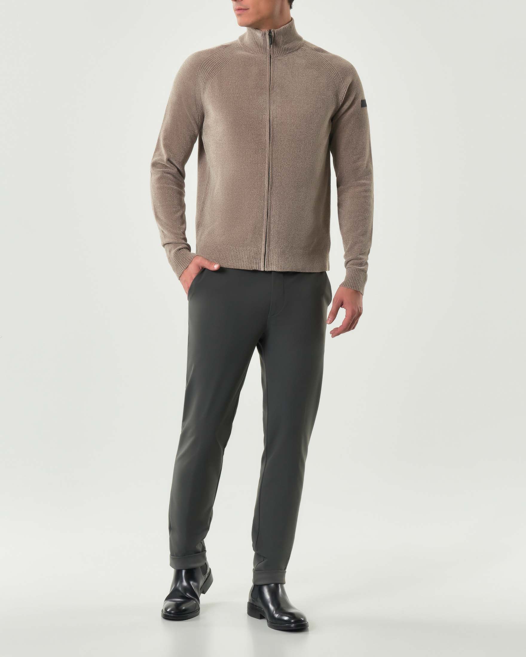 Maglia color noce R.R.D. Velvet Full Zip Knit in ciniglia con maniche raglan e chiusura zip