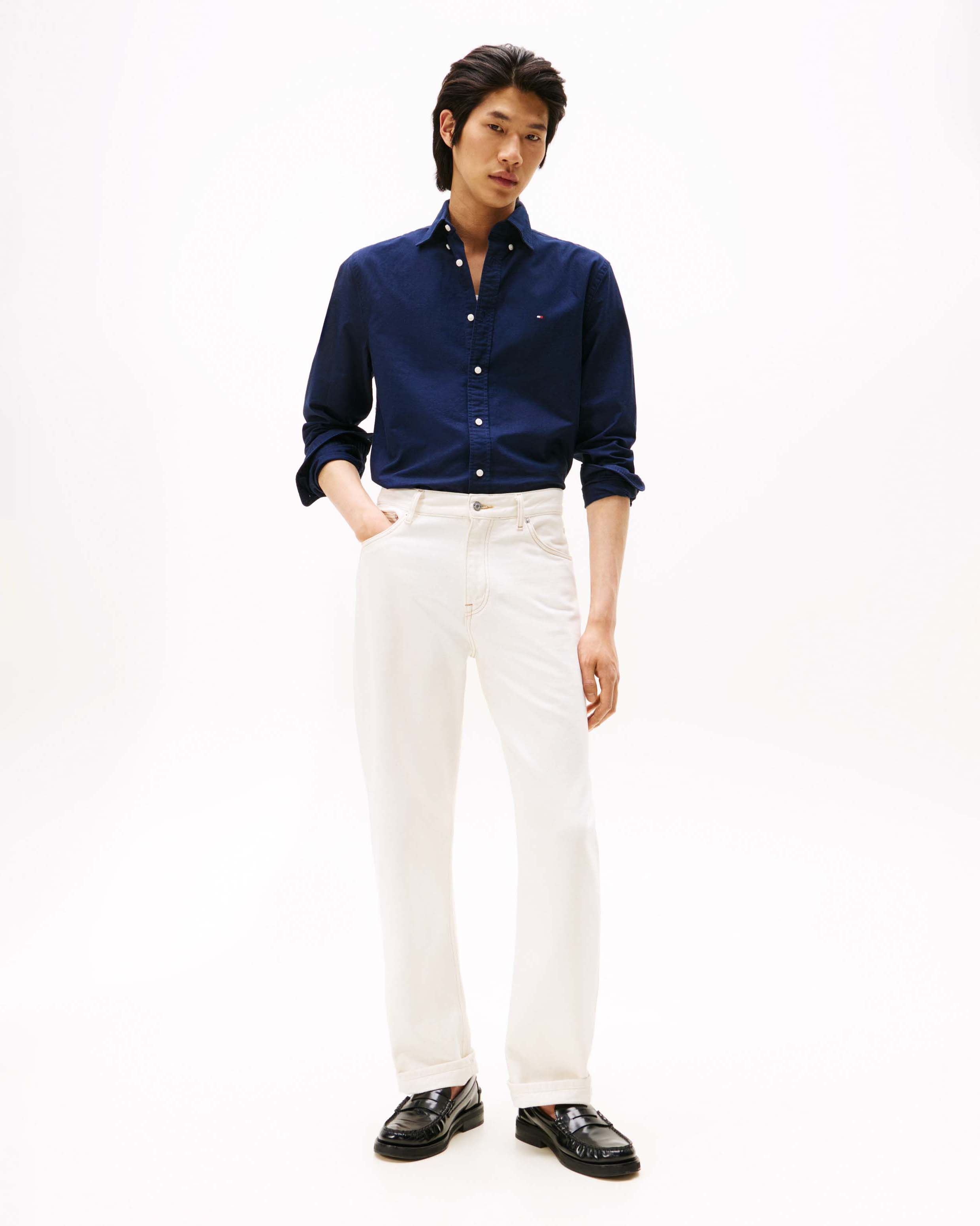 Camicia Tommy Hilfiger blu in Oxford di cotone con logo flag ricamato sul petto