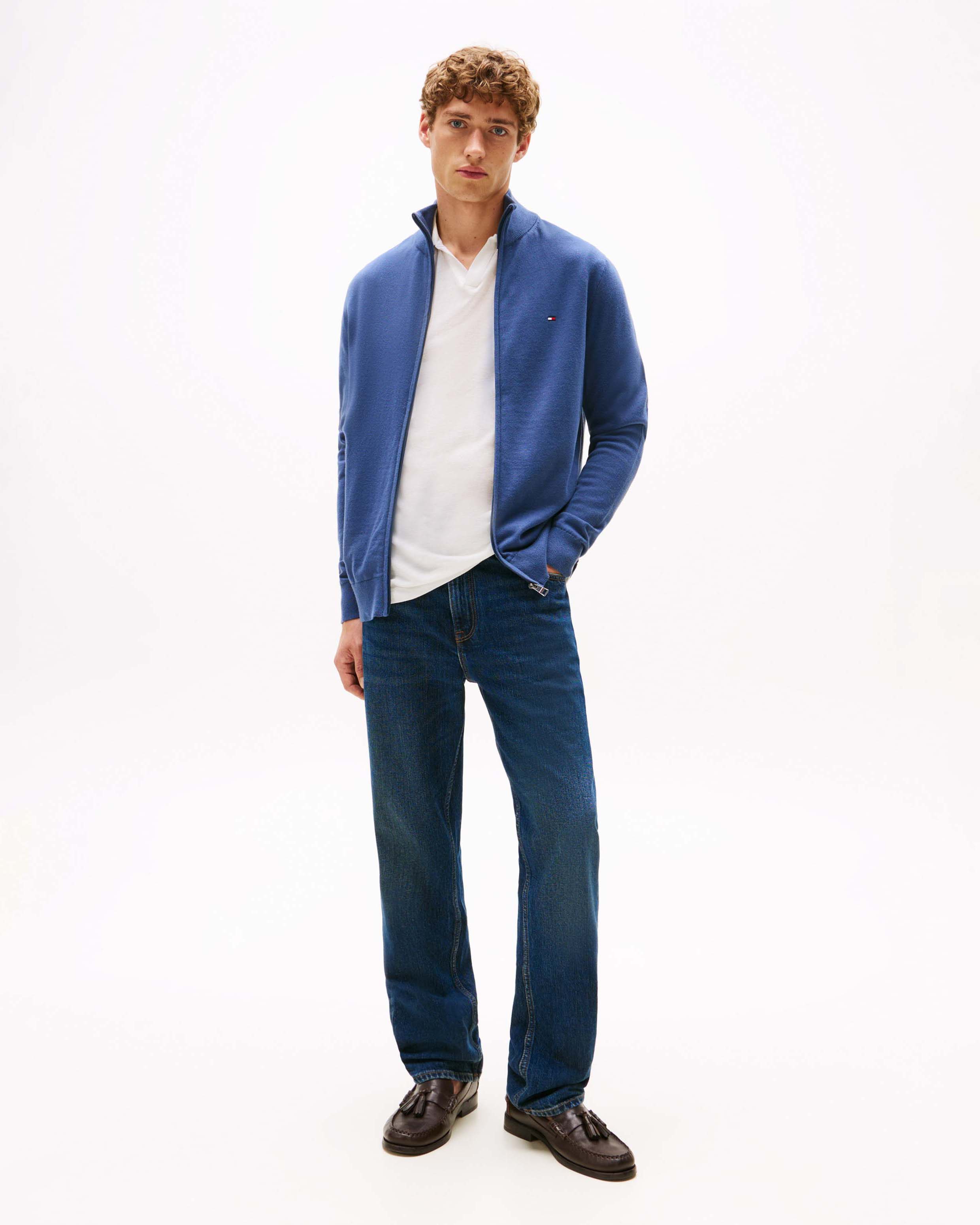 Maglia Tommy Hilfiger celeste in cotone con apertura zip e logo flag ricamato sul petto