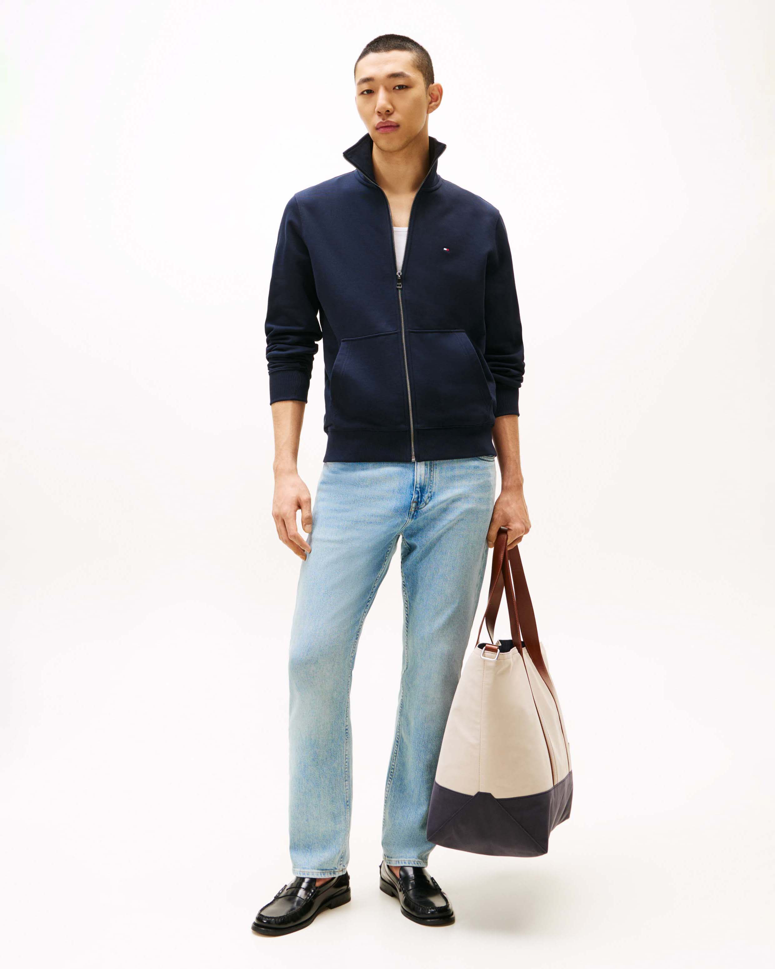 Felpa Tommy Hilfiger blu in cotone con apertura zip e logo flag ricamato sul petto