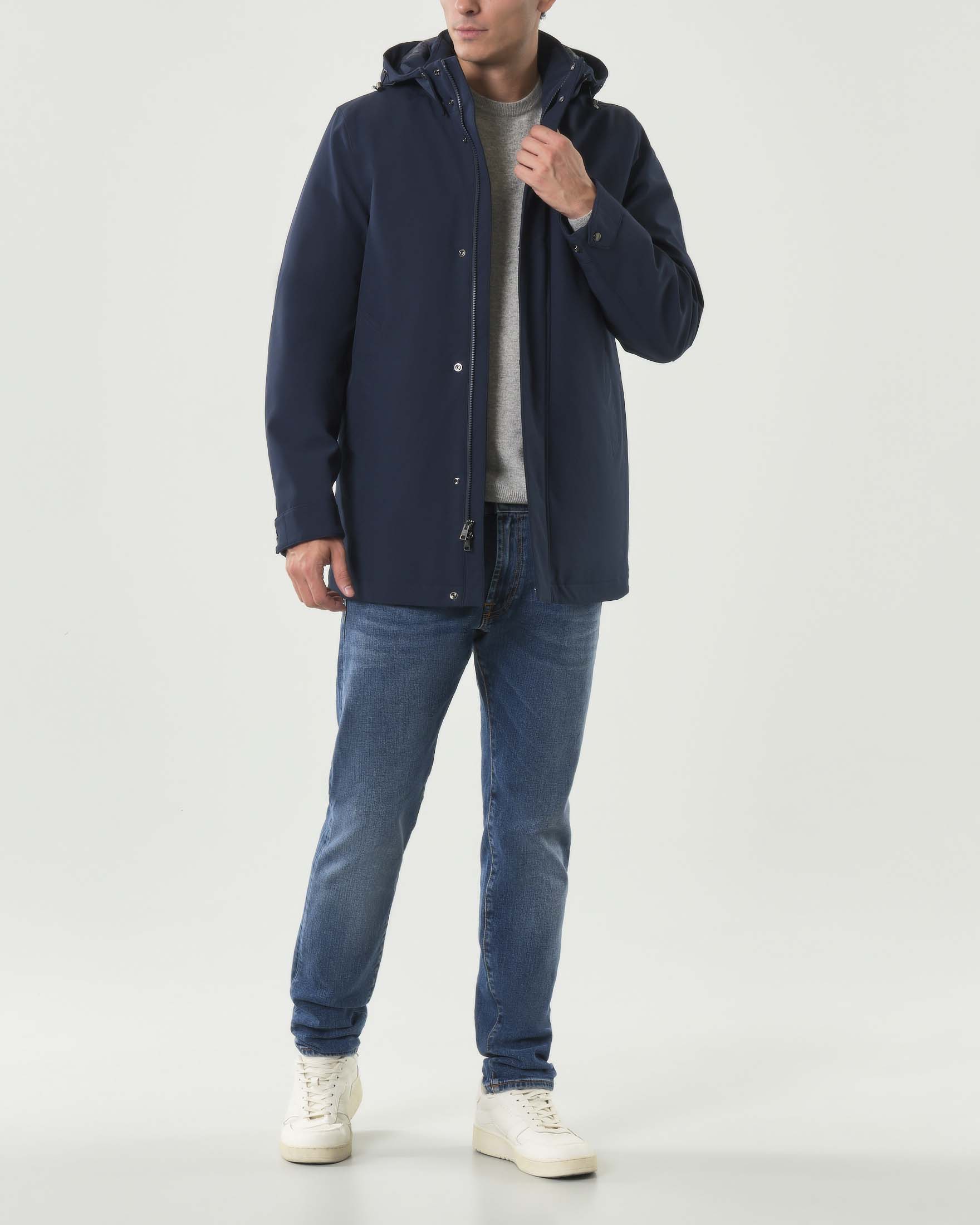 Parka Woolrich Barrow blu in Tech Softshell con cappuccio staccabile