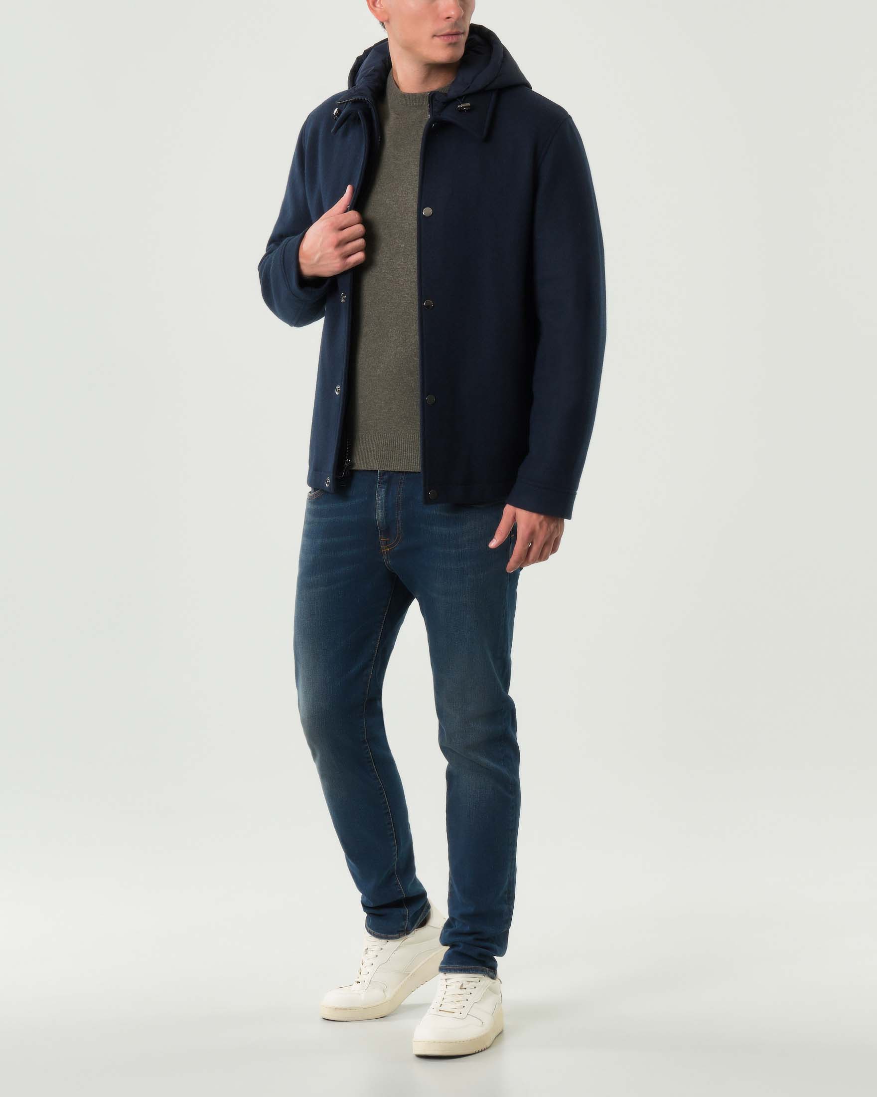 Giacca Wool Shirt Woolrich blu in panno di lana con davantino in nylon staccabile