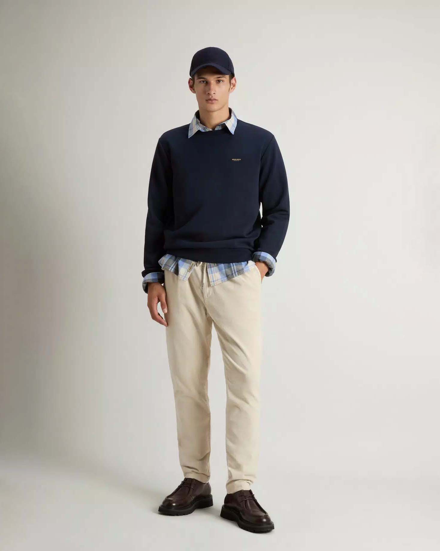 Felpa girocollo Woolrich blu in cotone interlock stretch