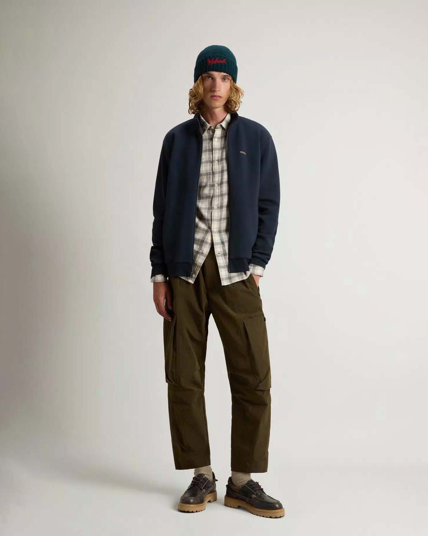 Felpa Woolrich blu in cotone interlock stretch con chiusura zip