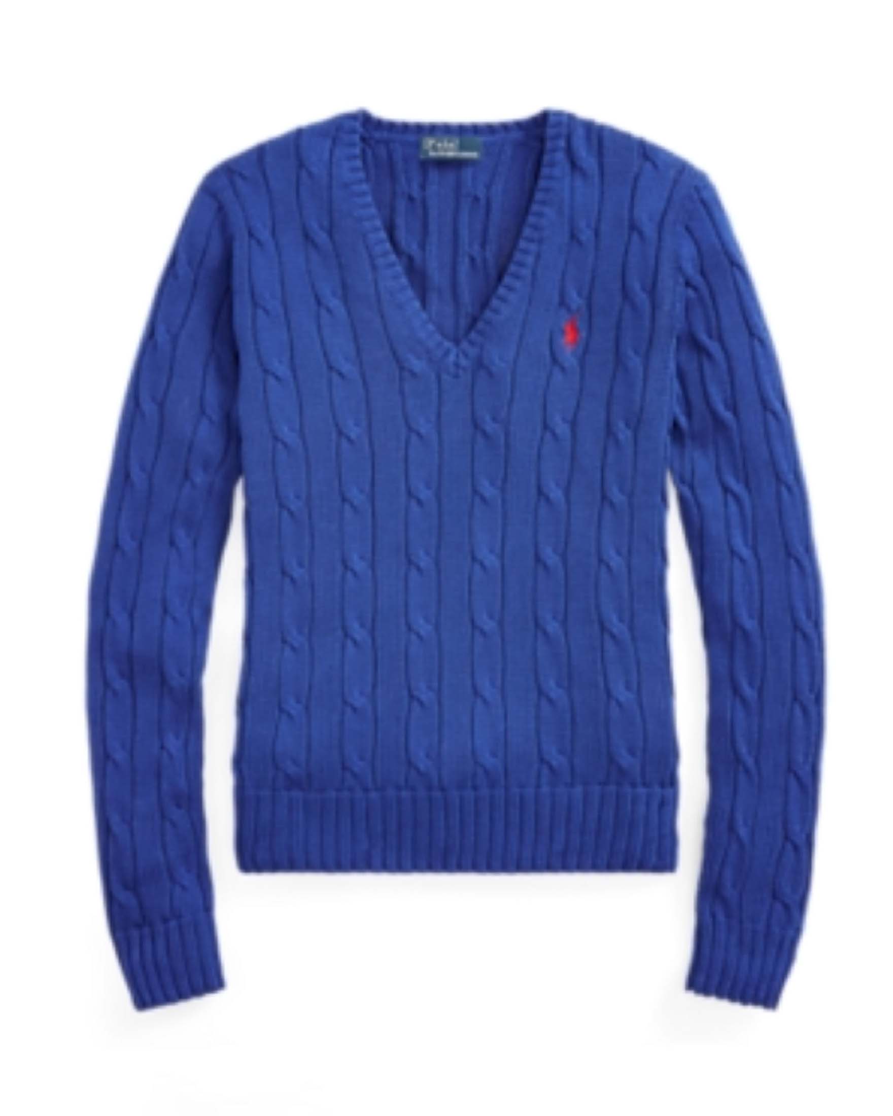 Maglioncino blu royal Polo Ralph Lauren in pima cotton a trecce con scollo a V e logo ricamato sul petto