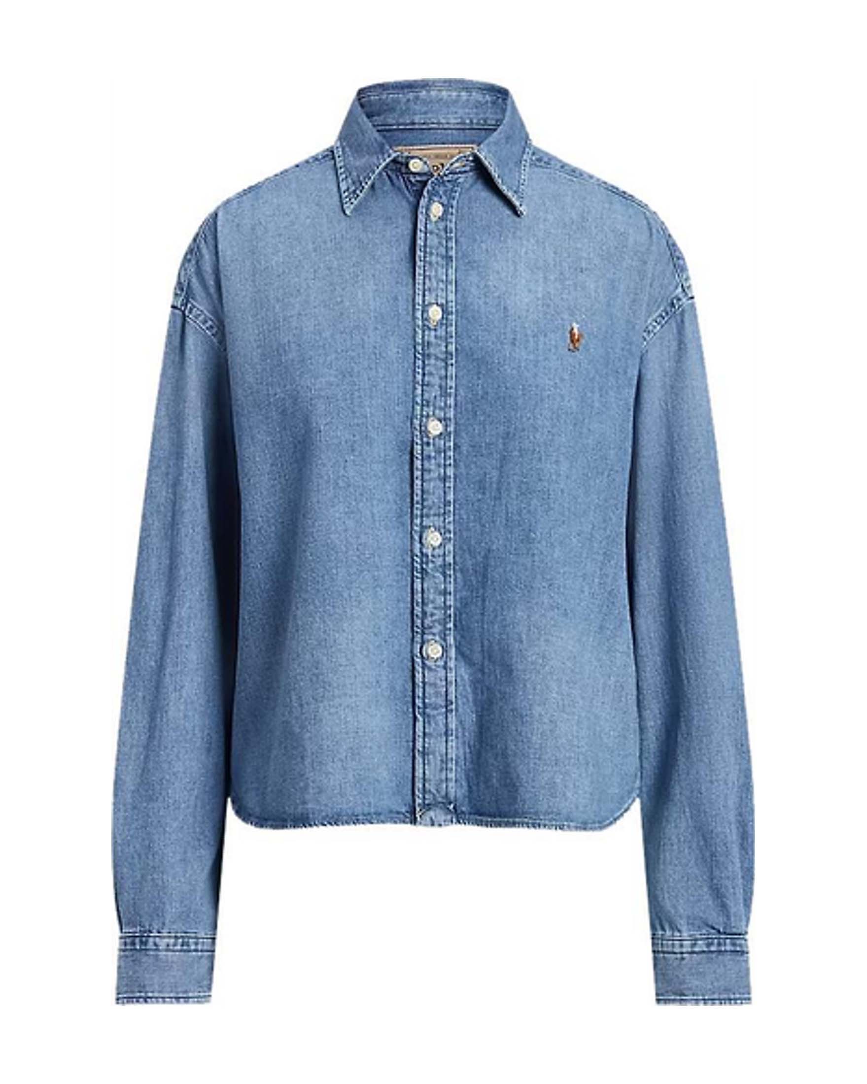 Camicia cropped in denim in cotone Polo Ralph Lauren con logo ricamato sul petto a contrasto