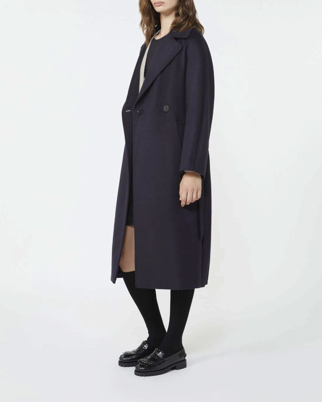 Cappotto doppiopetto Weekend Max Mara blu in pura lana vergine con scollo a rever e cintura in vita