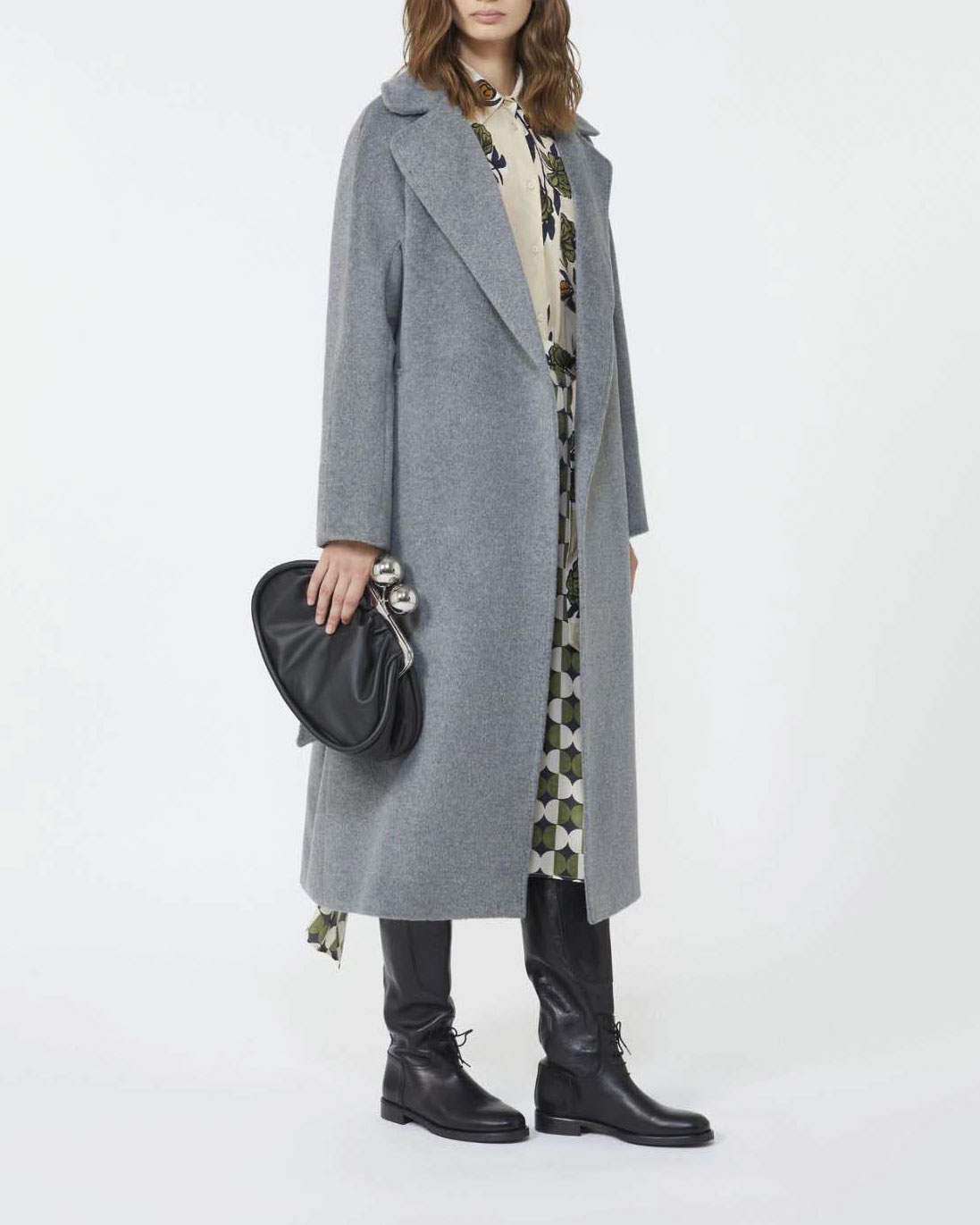 Cappotto lungo grigio Weekend Max Mara in lana, alpaca e mohair con cintura in vita