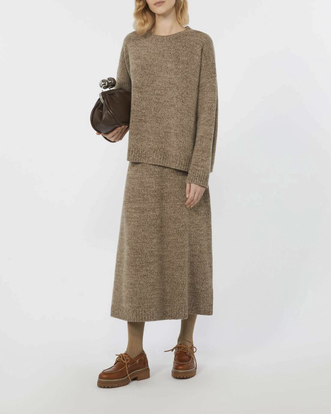 Gonna midi color noce melange Weekend Max Mara in tricot di pura lana