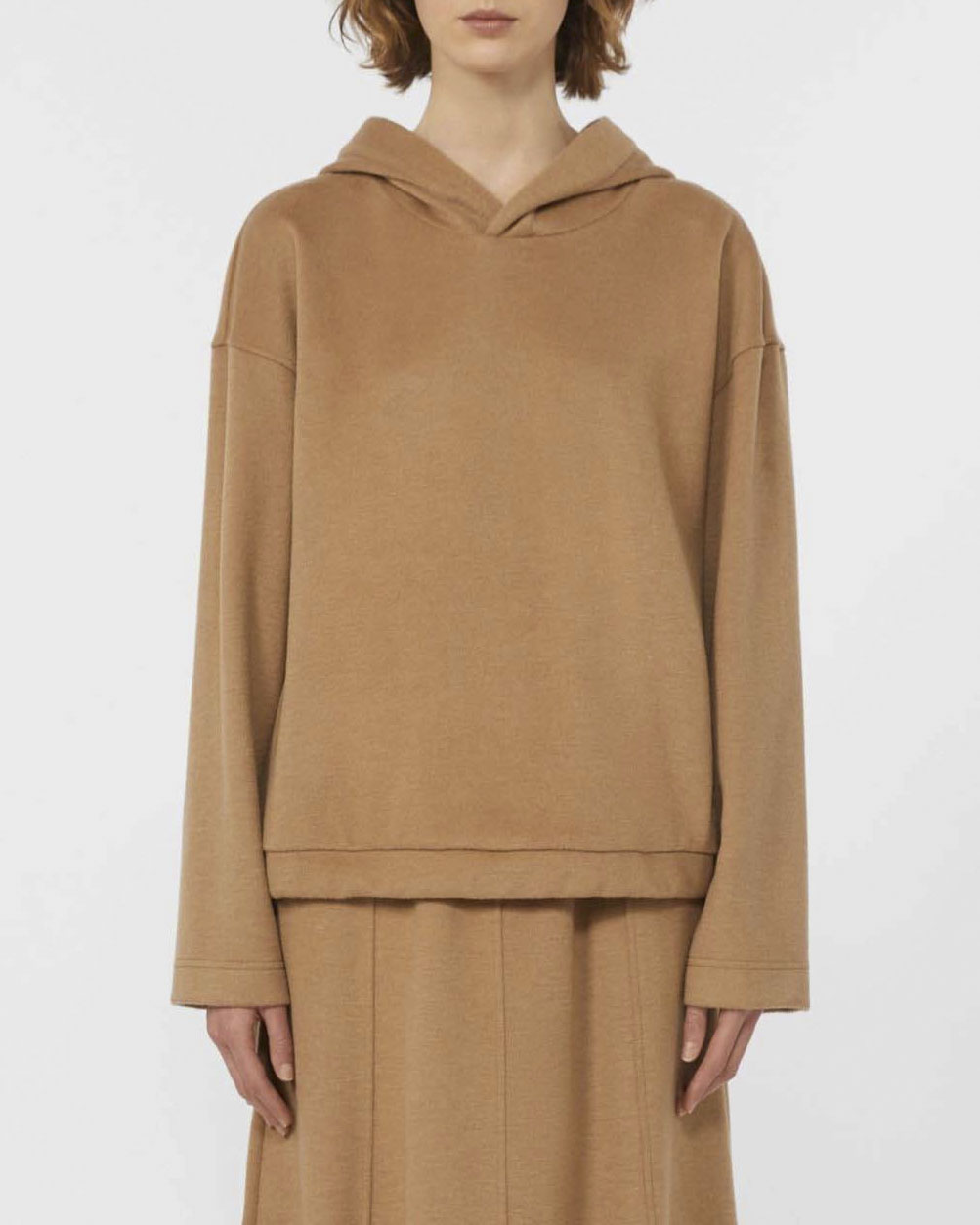 Felpa color cammello Weekend Max Mara in jersey di misto lana e cotone effetto drap con cappuccio