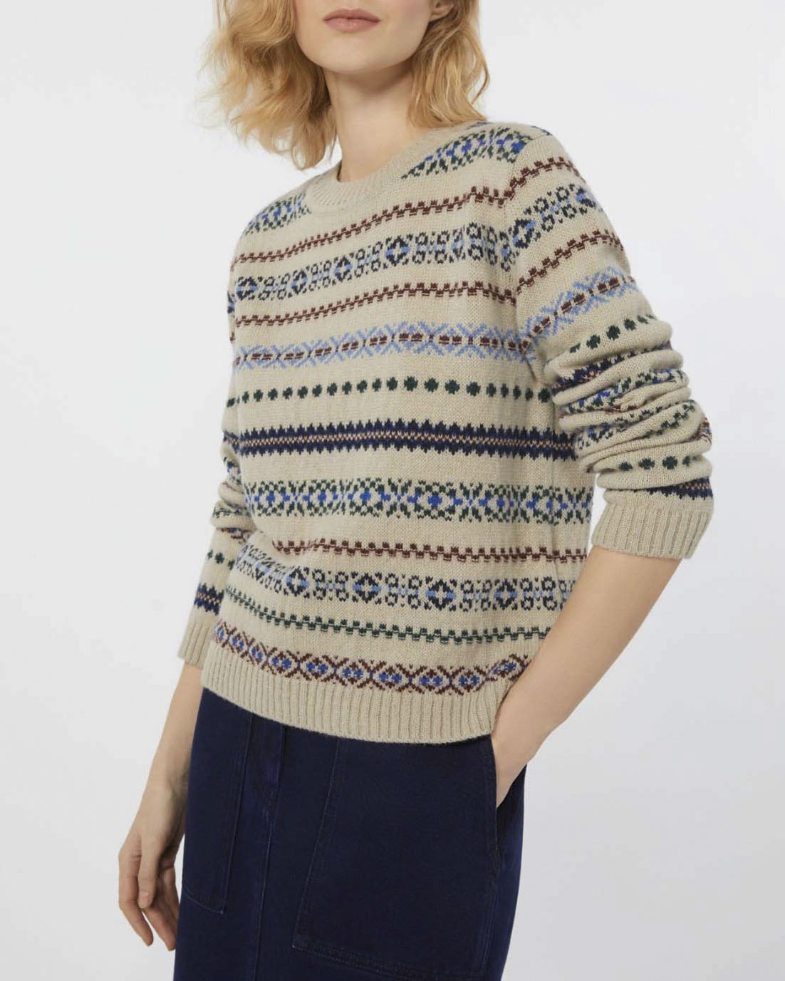 Maglia girocollo color sabbia Weekend in misto alpaca con motivo jacquard norvegese blu