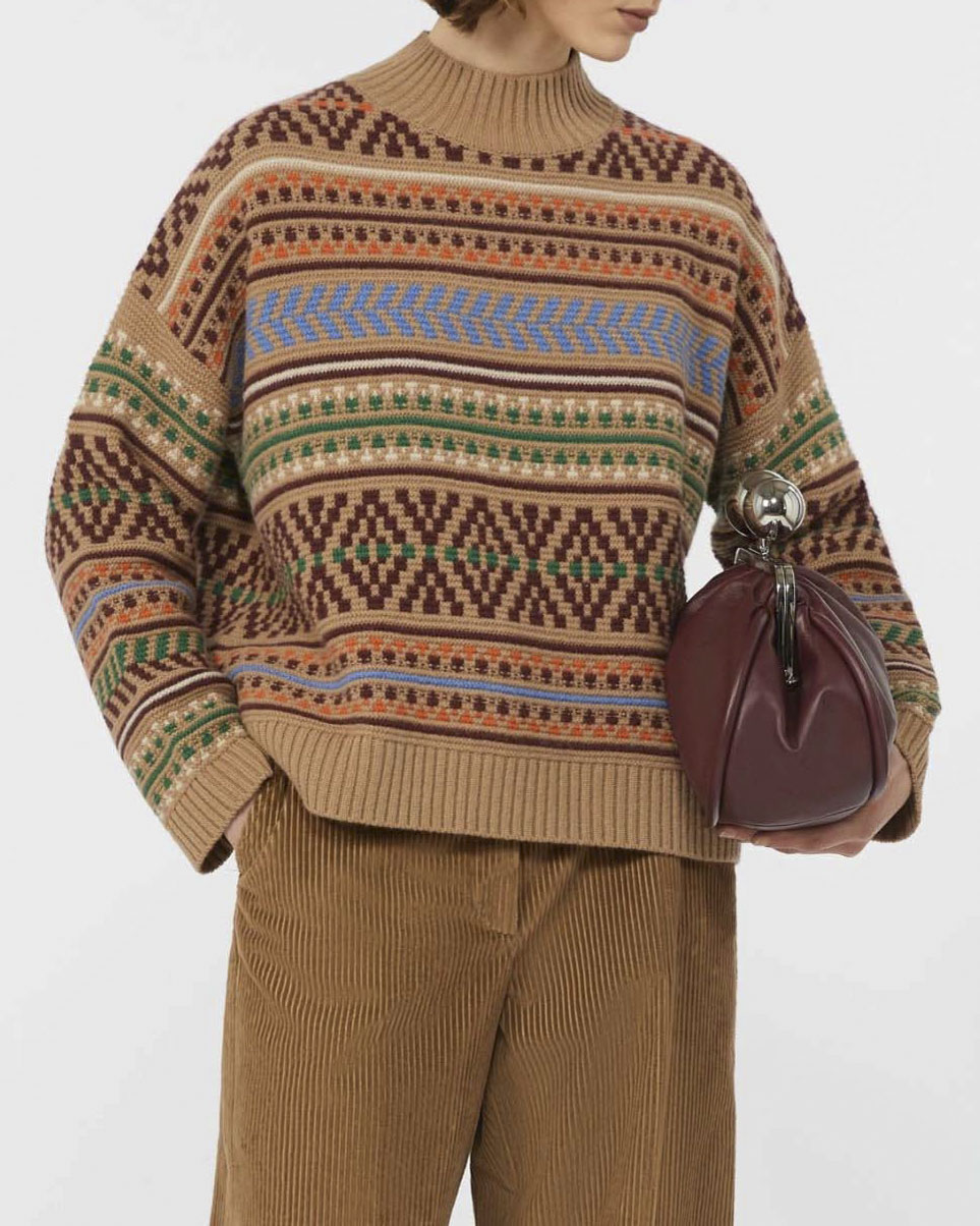 Maglia ampia color cammello Weekend con collo a cratere e motivo jacquard multicolore