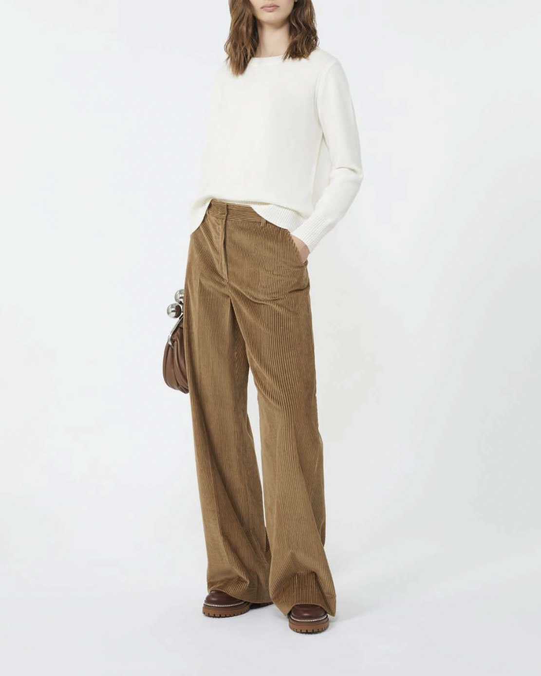 Pantaloni palazzo color nocciola Weekend Max Mara in velluto di puro cotone 350 righe