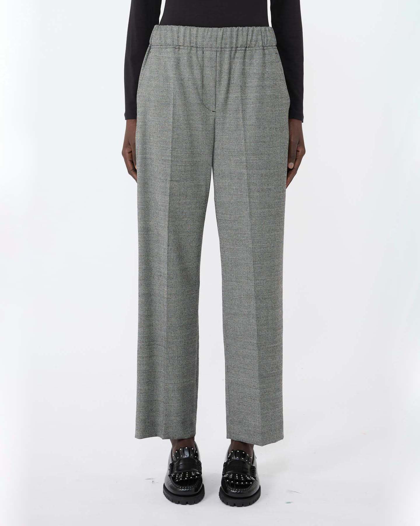 Pantaloni marroni a microfantasia nera e bianca Weekend Max Mara in flanella di lana stretch con elastico in vita image