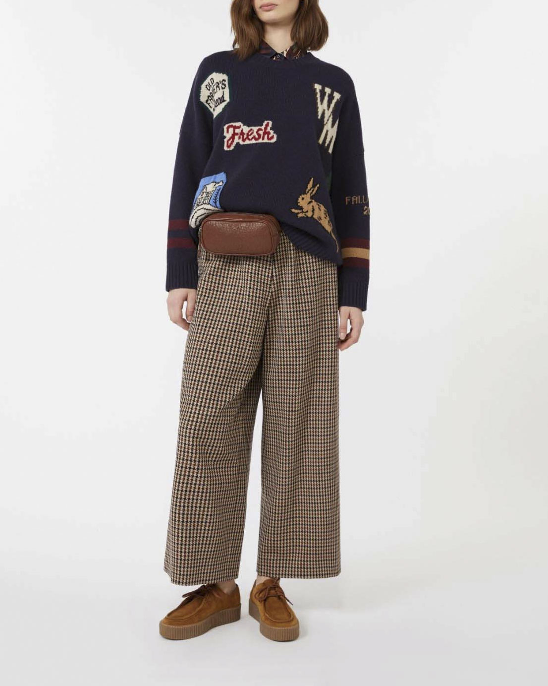 Pantaloni straight Weekend Max Mara in stuoia di lana e cotone a fantasia pied de poule marron e bordeaux