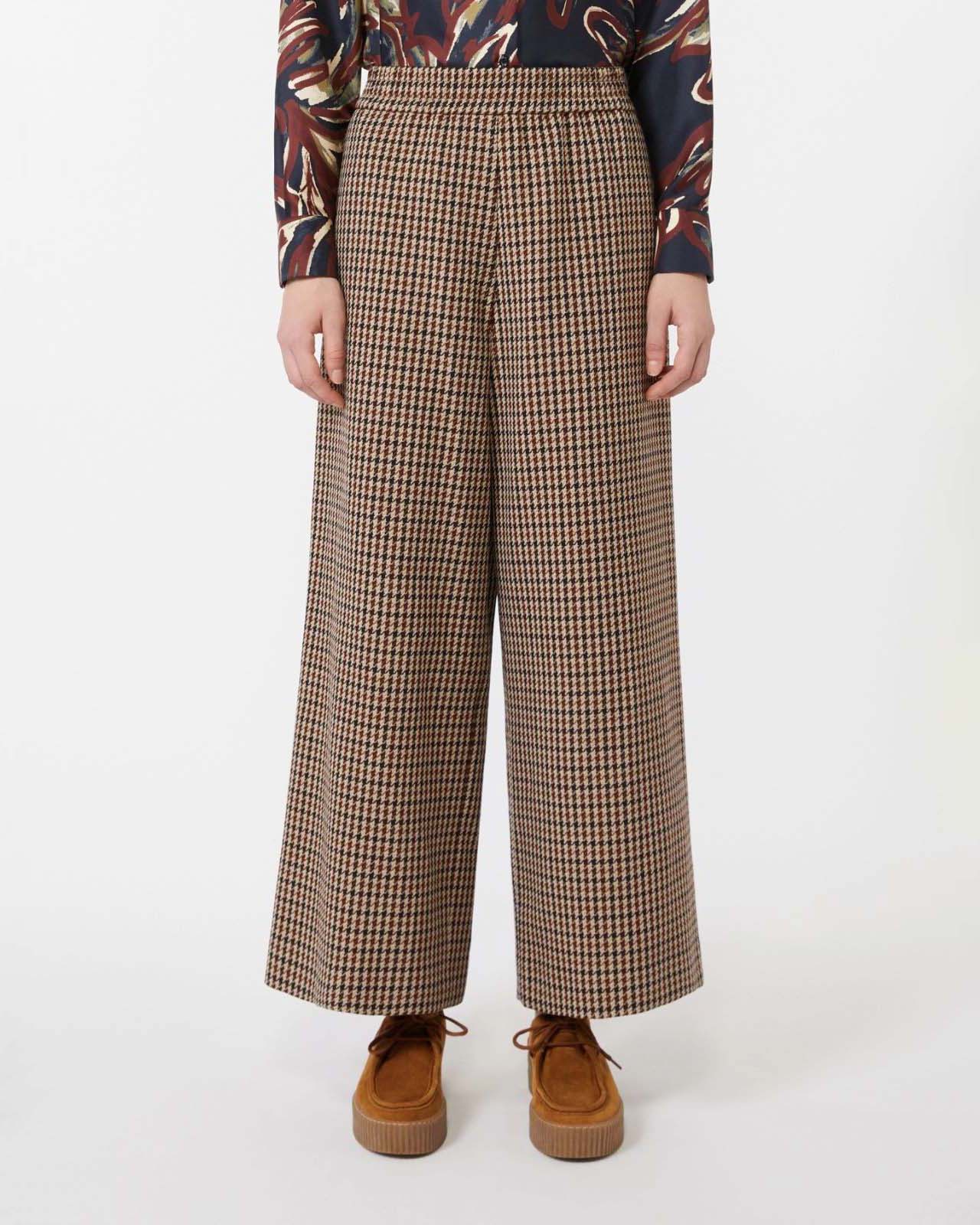 Pantaloni straight Weekend Max Mara in stuoia di lana e cotone a fantasia pied de poule marron e bordeaux image
