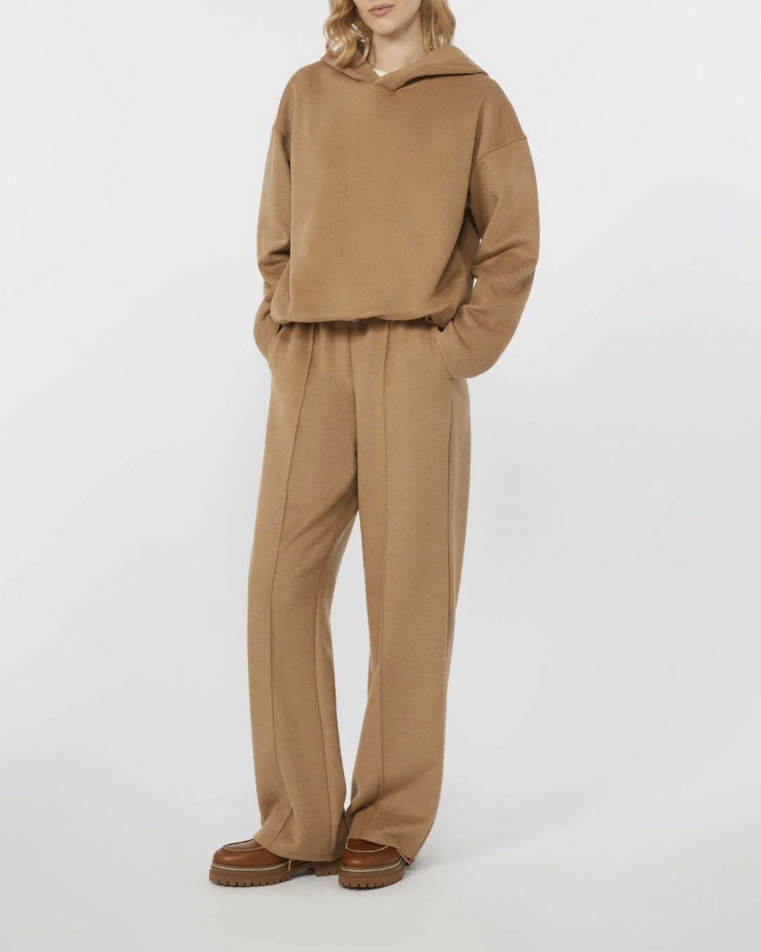 Pantaloni color cammello Weekend Max Mara in jersey di misto lana effetto drap con coulisse in vita