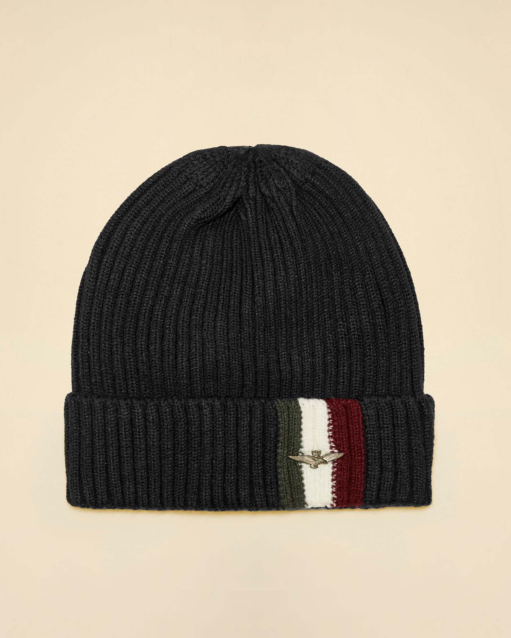 Berretto Aeronautica Militare nero in misto viscosa con dettaglio tricolore e logo metallico