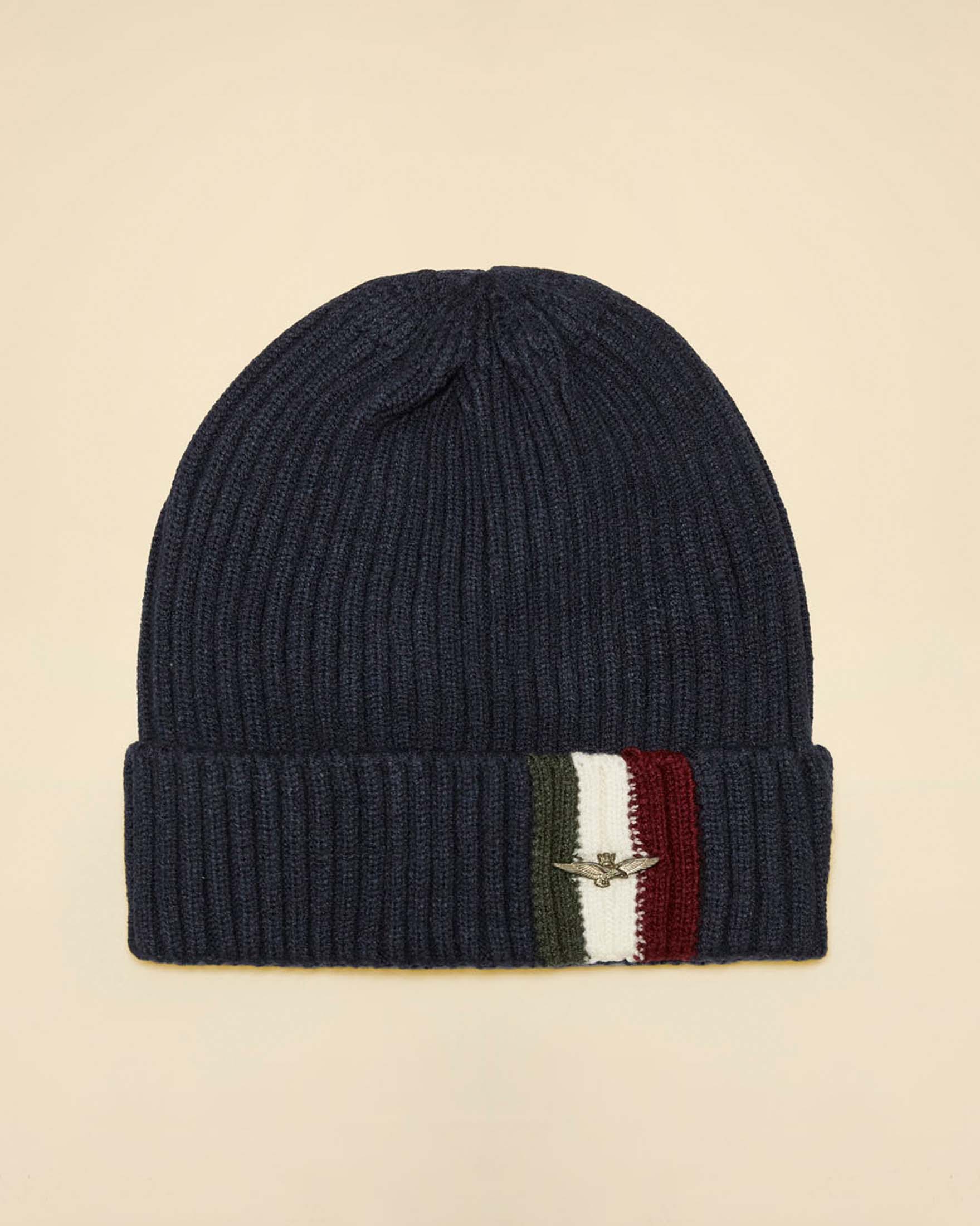 Berretto Aeronautica Militare blu in misto viscosa con dettaglio tricolore e logo metallico