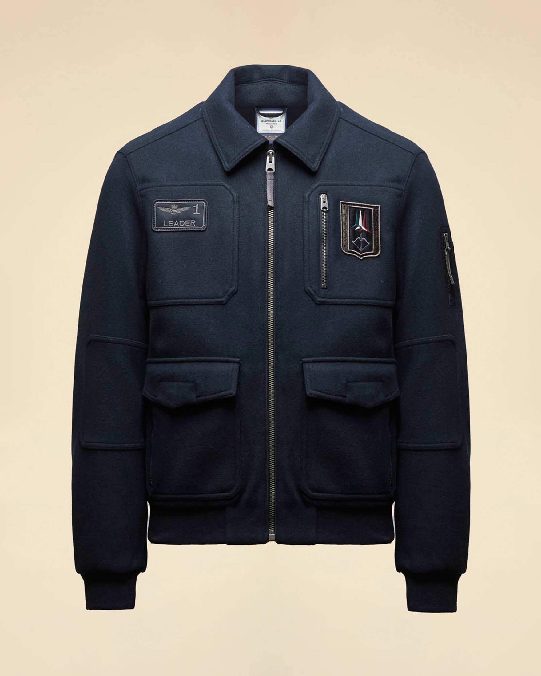 Giacca Aeronautica Militare blu in panno di misto lana con patch applicati