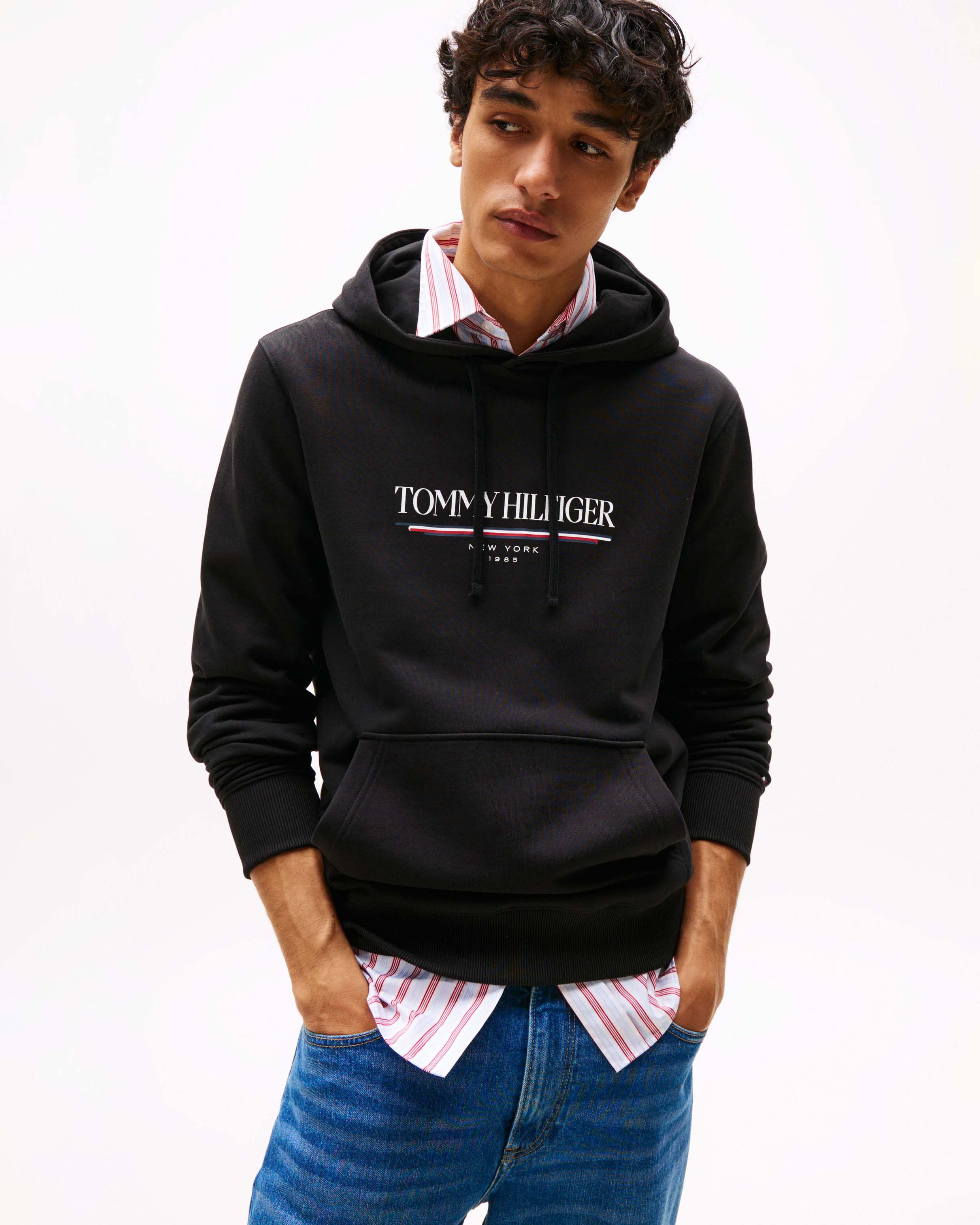 Felpa con cappuccio Tommy Hilfiger nera in cotone con stampa logo