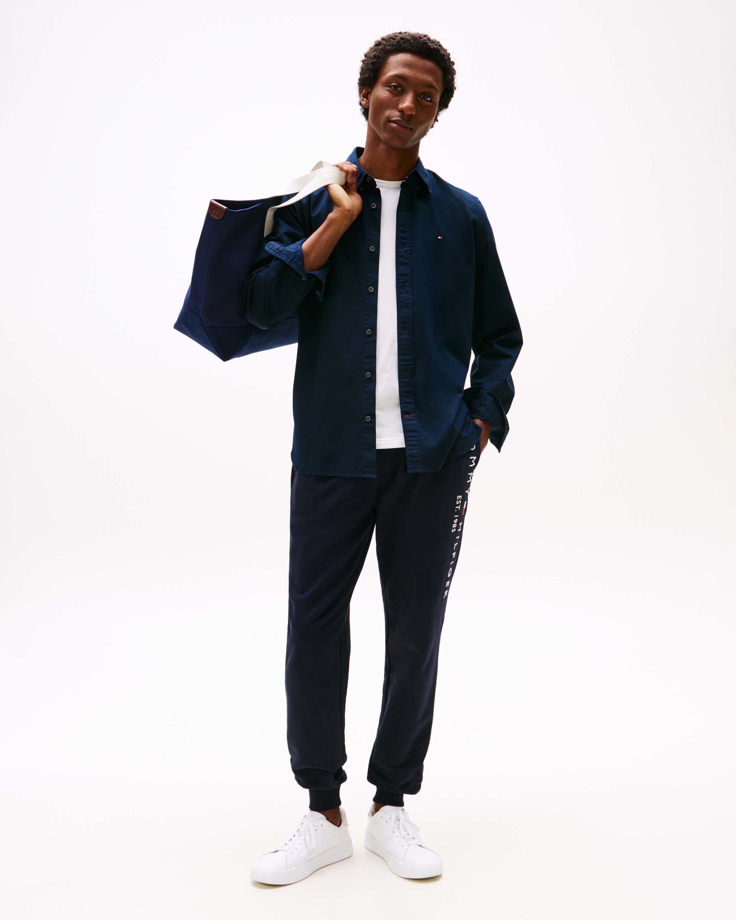 Pantaloni Tommy Hilfiger blu in felpa di cotone con logo ricamato sul lato