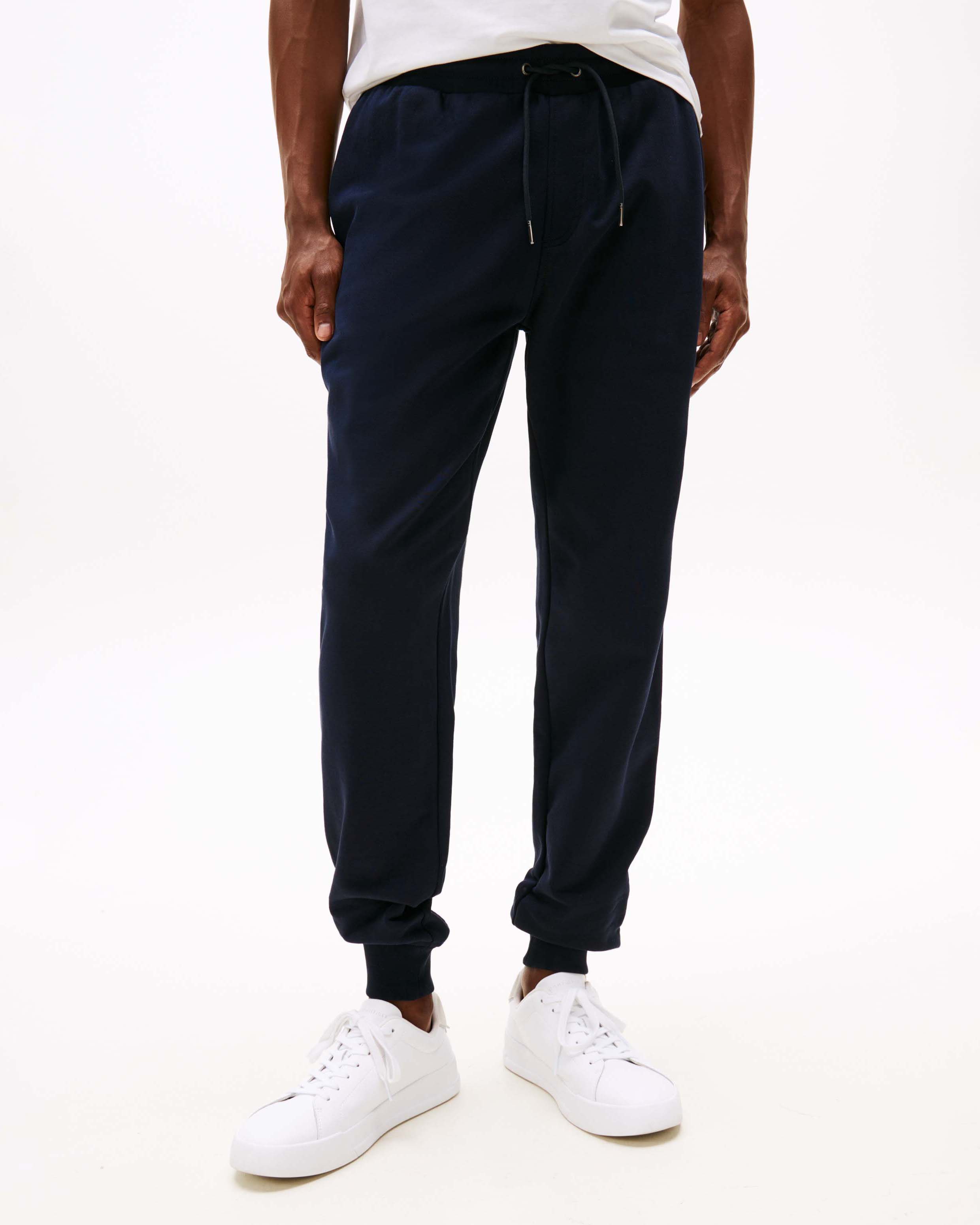 Pantaloni Tommy Hilfiger blu in felpa di cotone con logo ricamato sul lato image