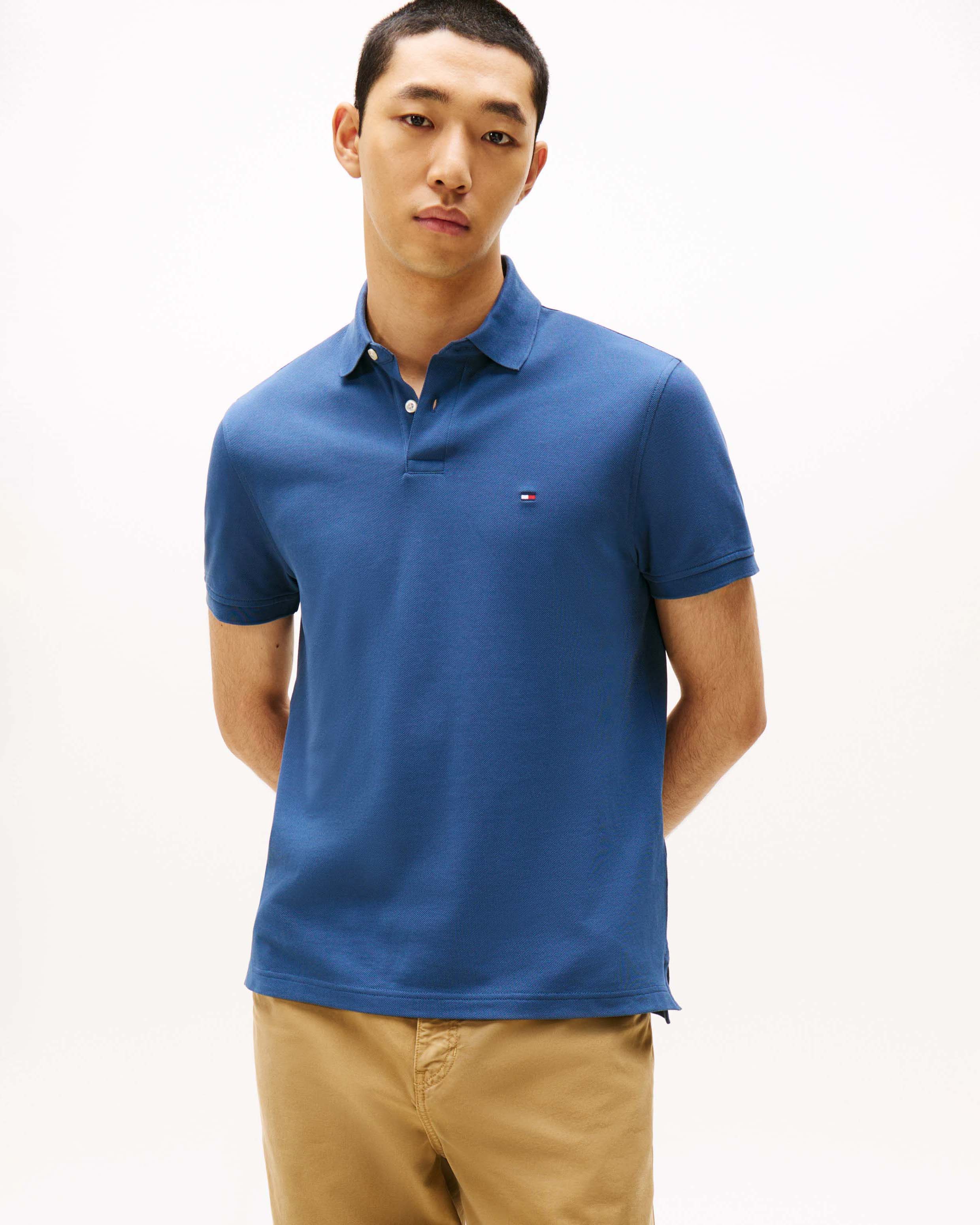 Polo mezza manica Tommy Hilfiger blu indaco in cotone stretch con logo flag ricamato sul petto