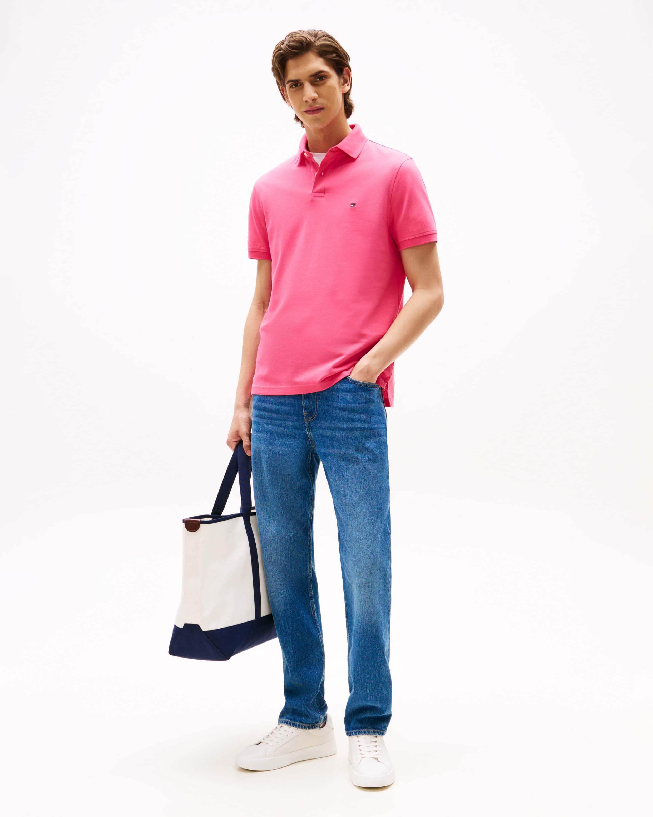 Polo mezza manica Tommy Hilfiger fucsia in cotone stretch con logo flag ricamato sul petto