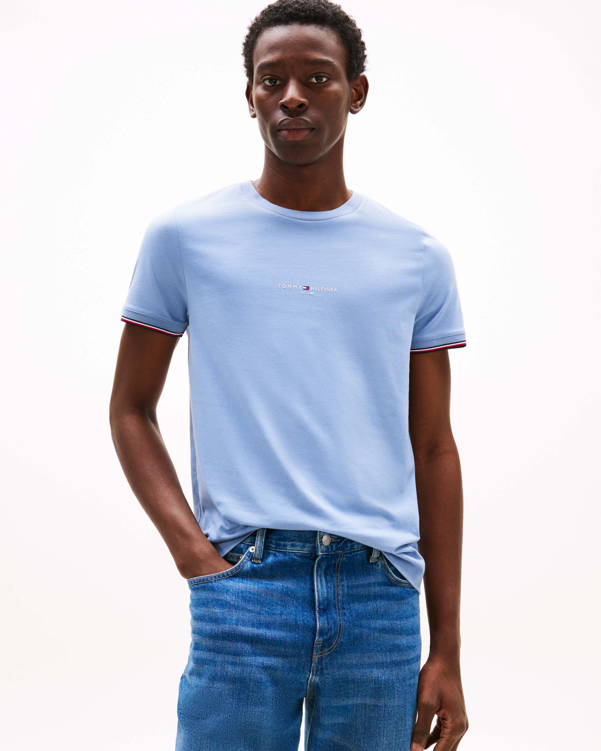 T-shirt Tommy Hilfiger azzurra in cotone con logo ricamato e bordino a contrasto sulle maniche image