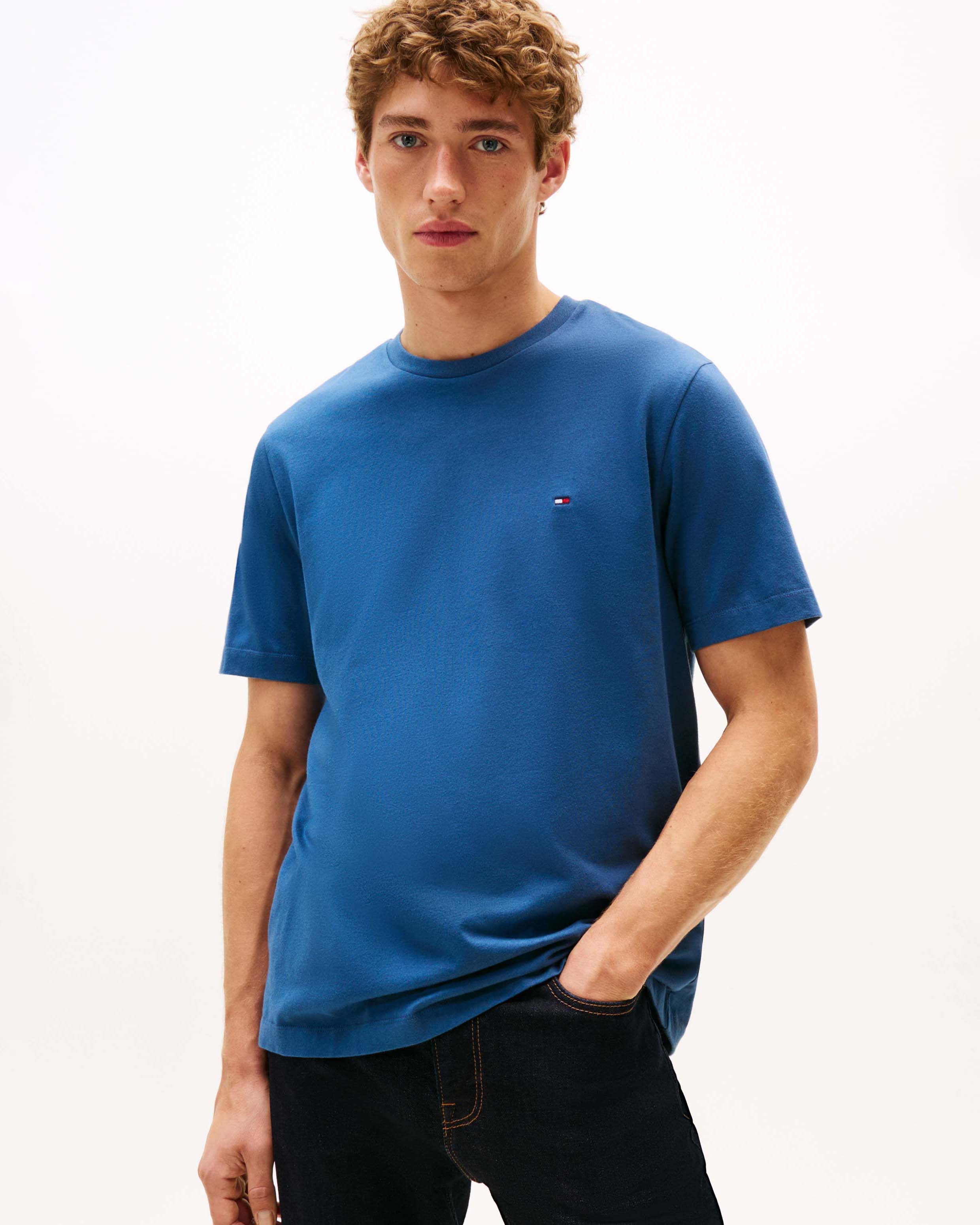 T-shirt Tommy Hilfiger blu royal in cotone con logo flag ricamato sul petto