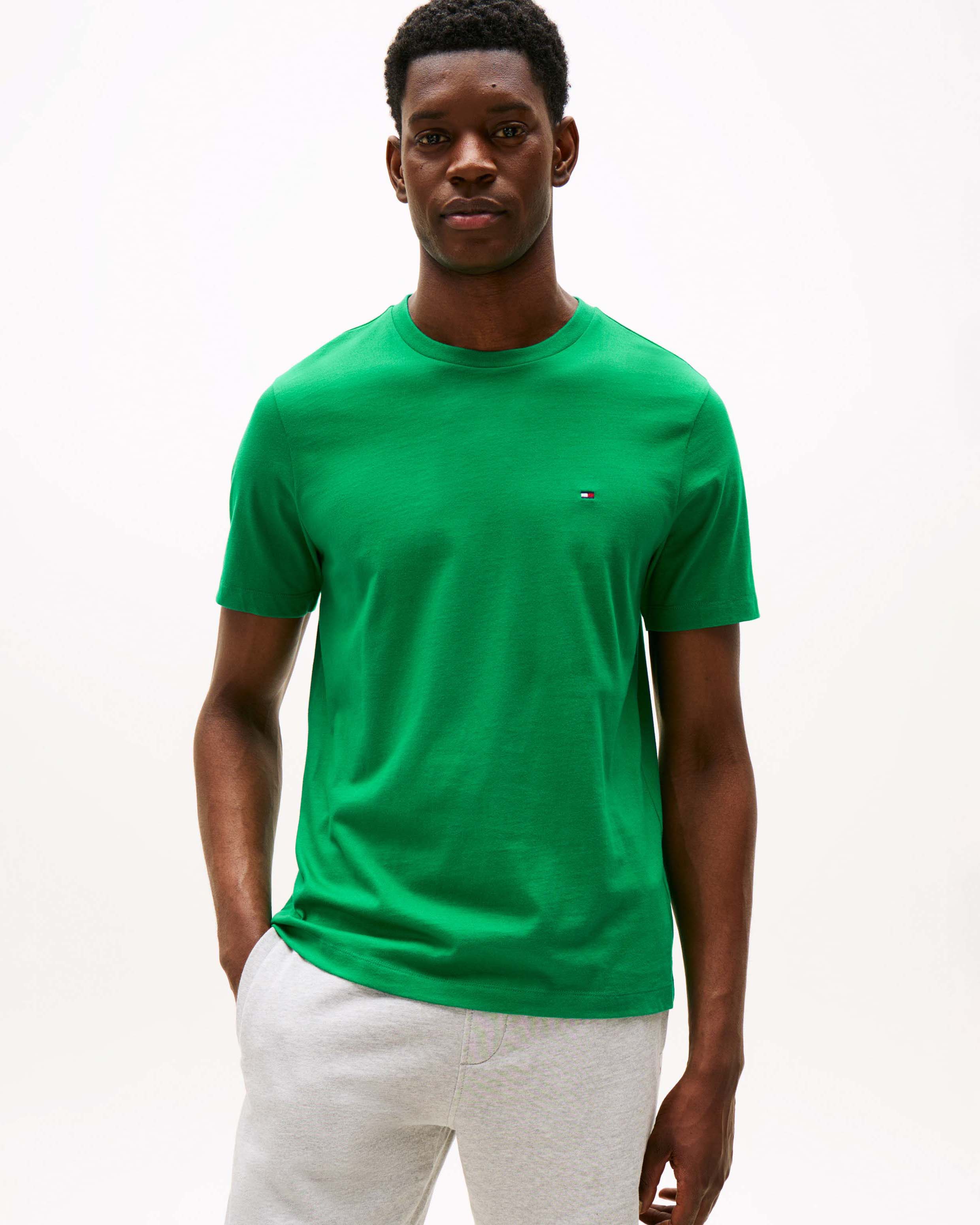 T-shirt Tommy Hilfiger verde in cotone con logo flag ricamato sul petto image