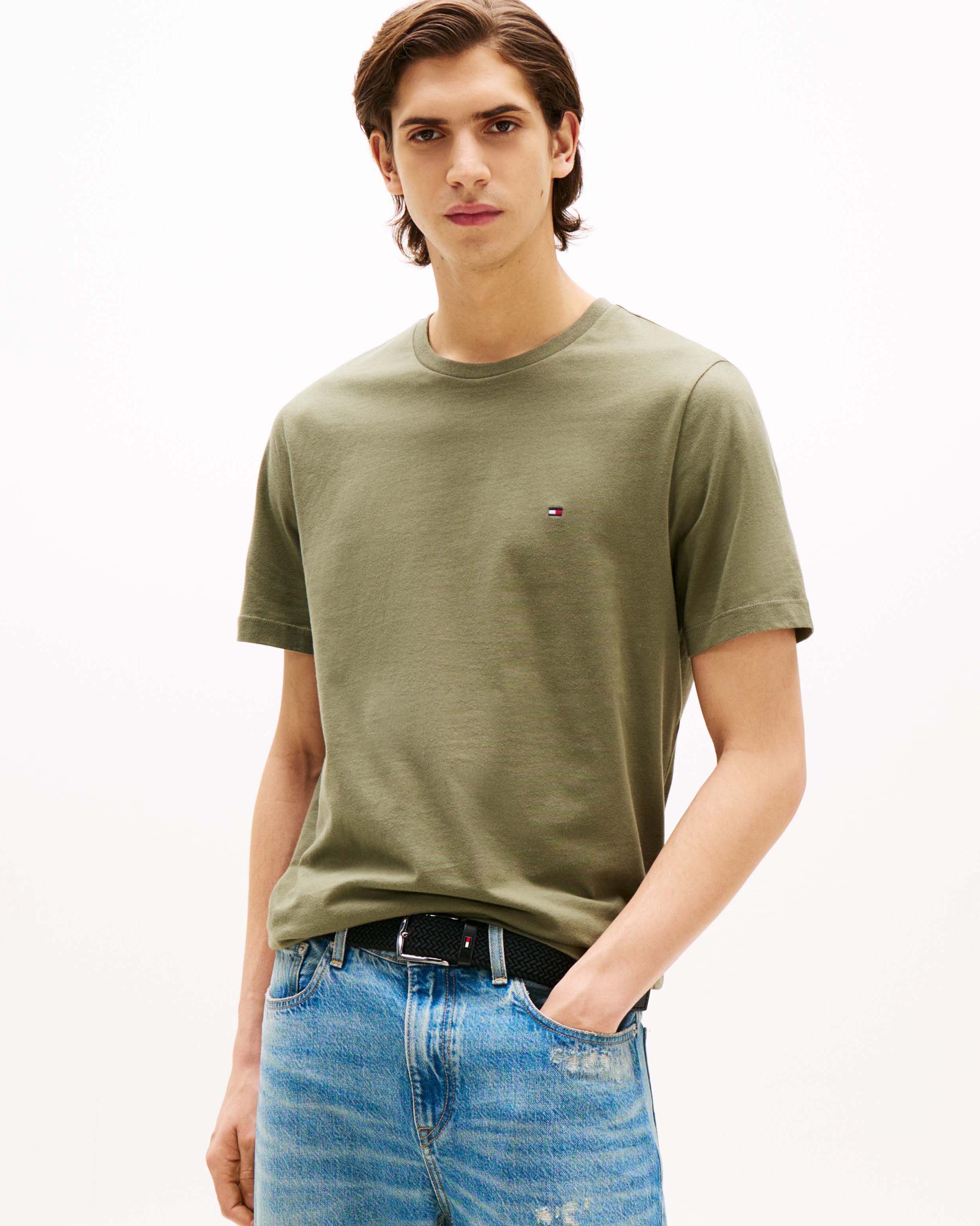 T-shirt Tommy Hilfiger verde militare in cotone con logo flag ricamato sul petto image
