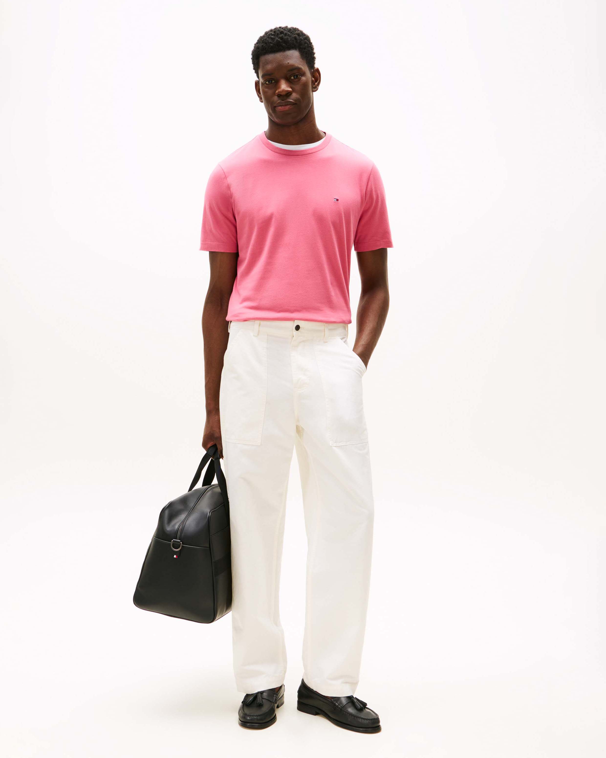 T-shirt Tommy Hilfiger fucsia in cotone con logo flag ricamato sul petto