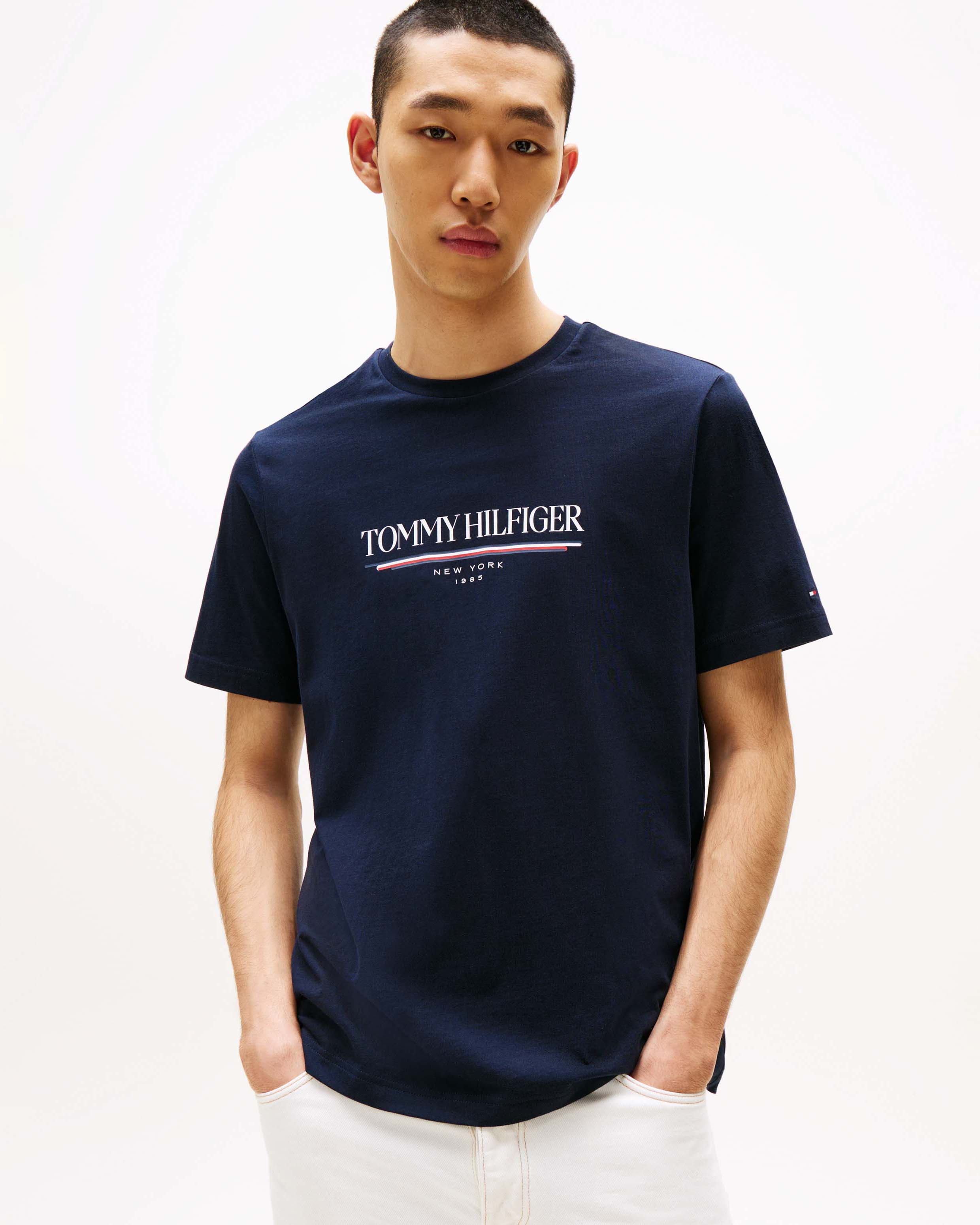 T-shirt Tommy Hilfiger blu in cotone con stampa logo frontale