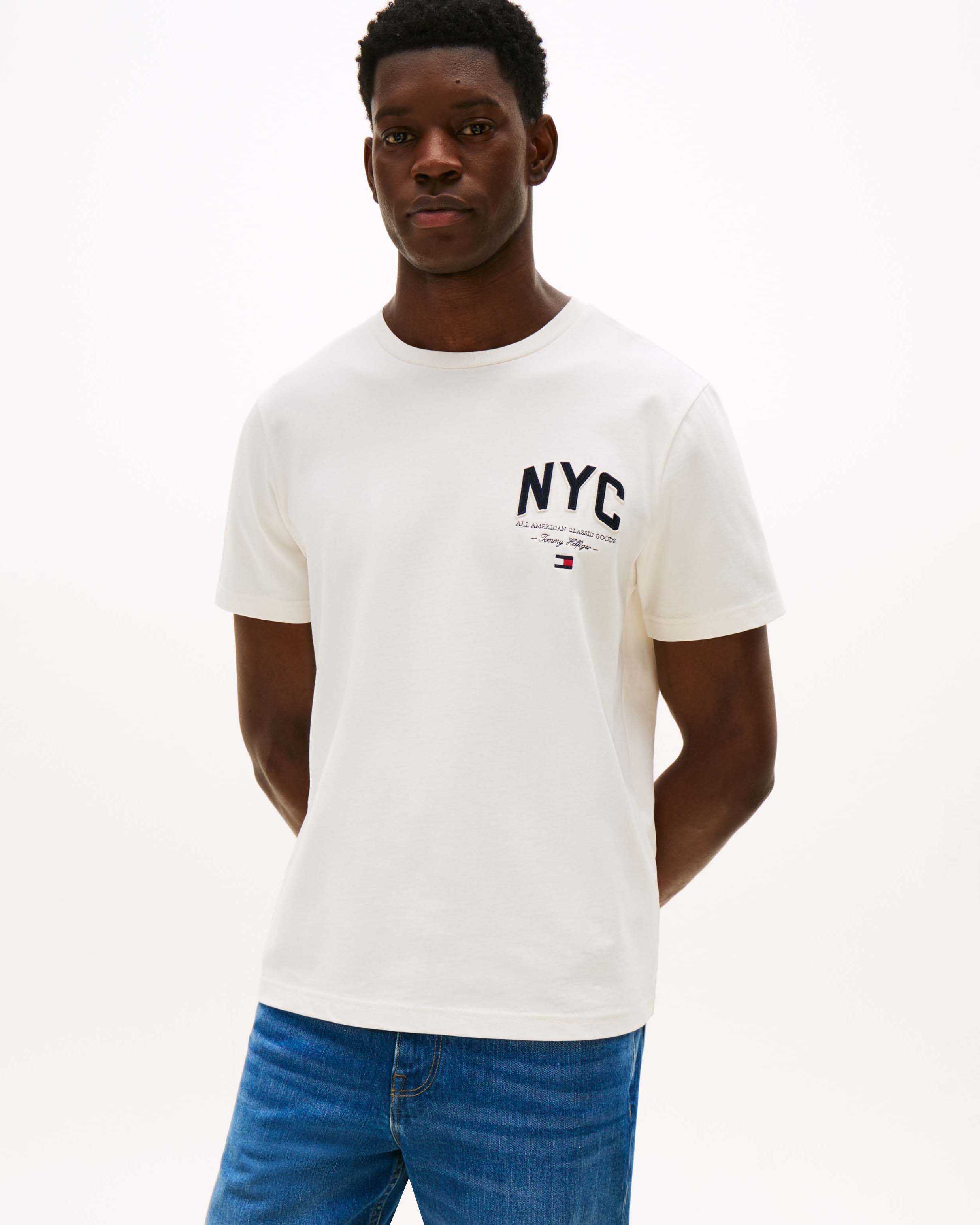 T-shirt Tommy Hilfiger panna in cotone con ricamo logo e scritta NYC sul petto