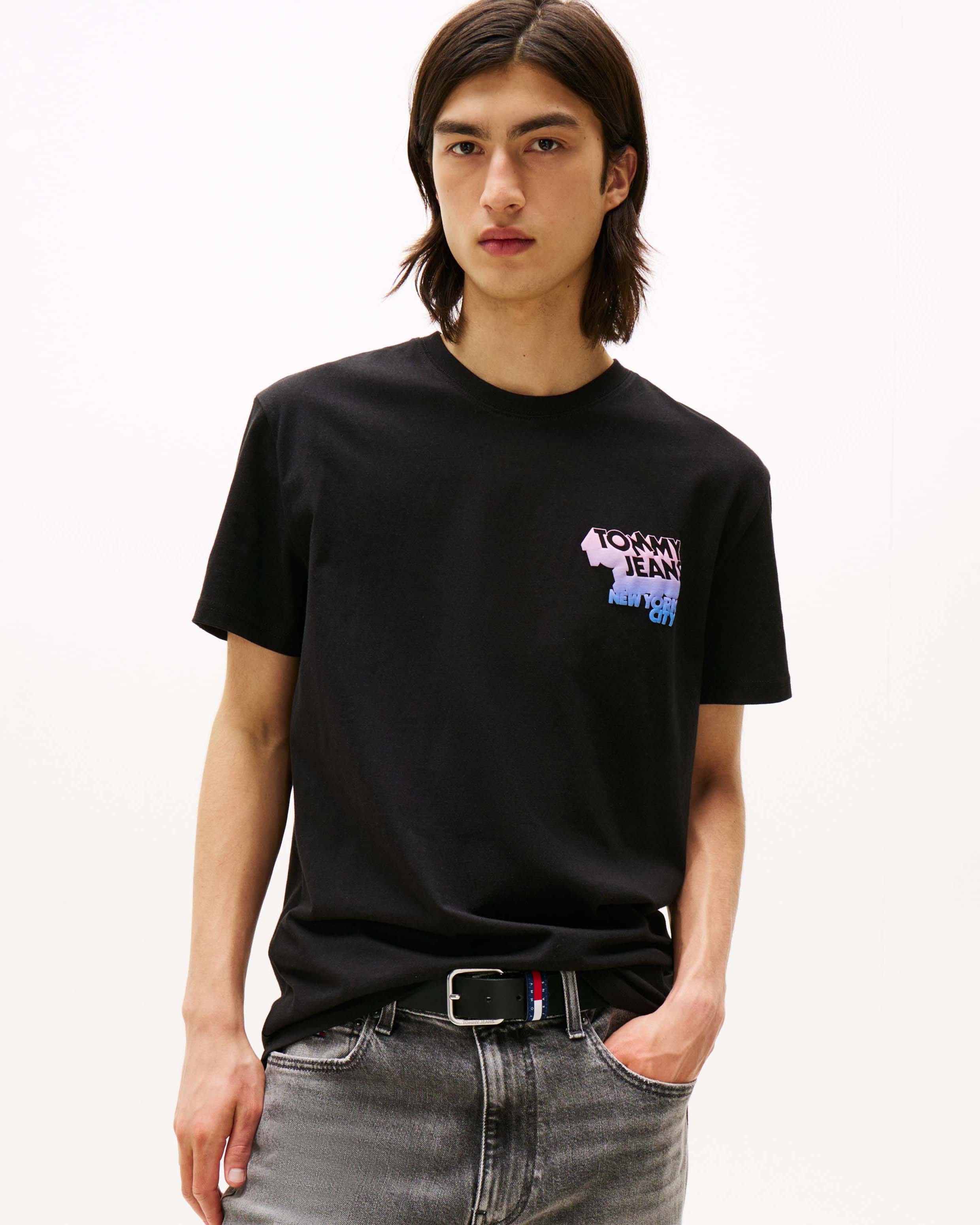 T-shirt Tommy Jeans nera in cotone con stampa logo multicolore sul davanti e sul retro