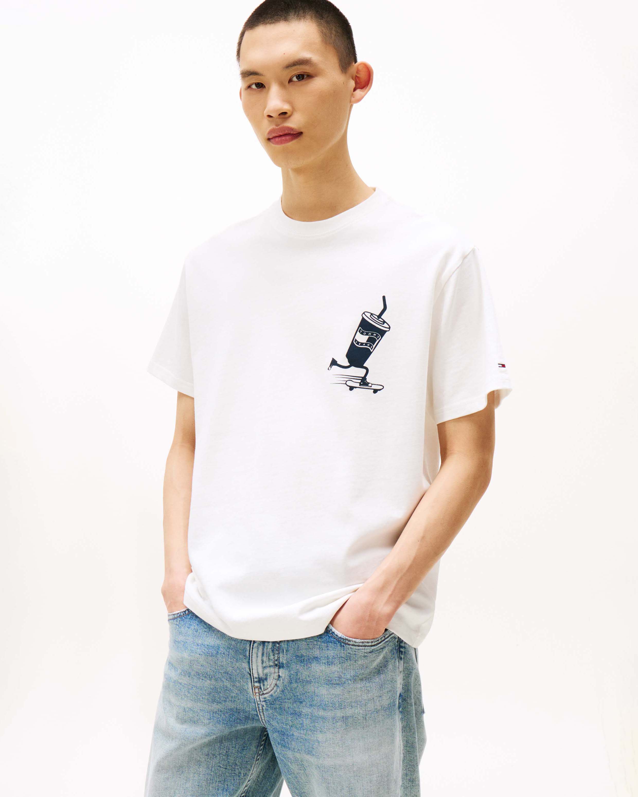 T-shirt Tommy Jeans bianca in cotone con stampa grafica fronte e retro